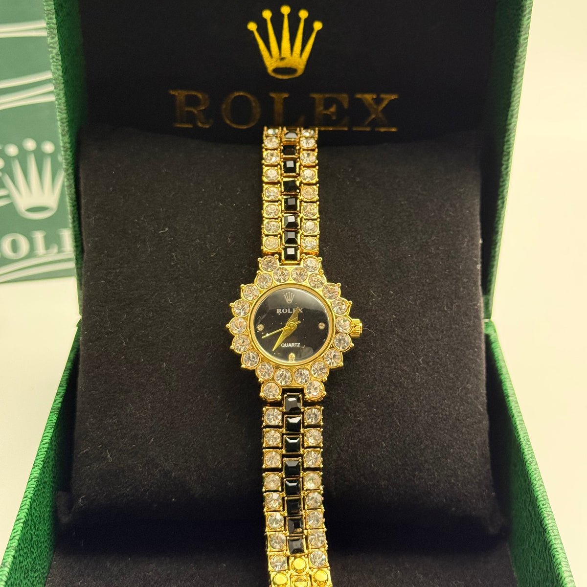 Women's Gold-Tone Black Dial Floral Bracelet Watch