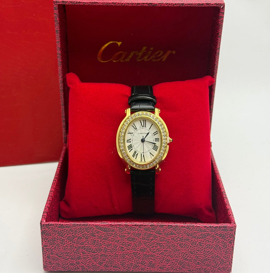 Cartier Oval Watch – Gold Diamond-Set Bezel / Black Leather Strap