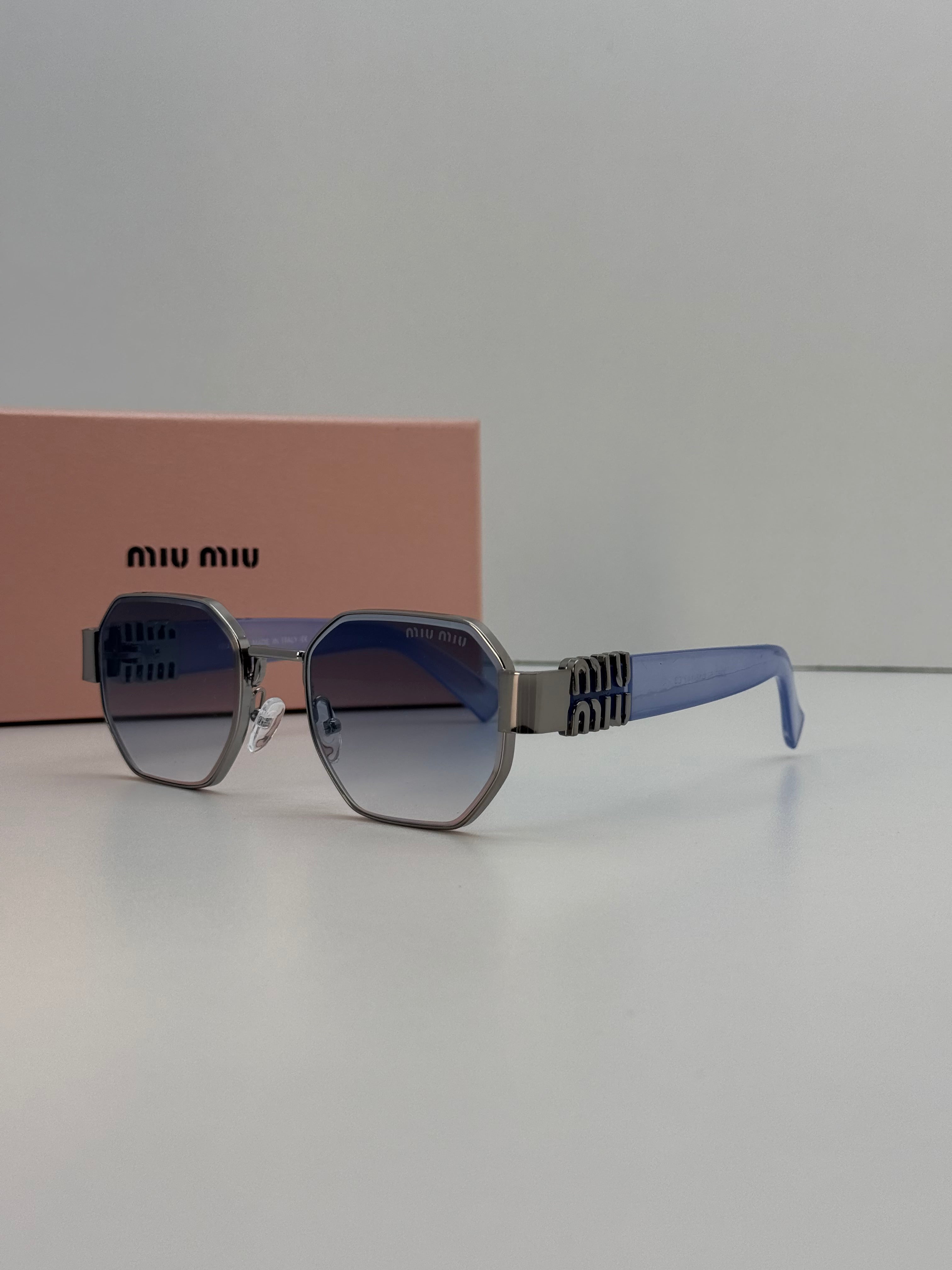 Miu Miu Octagonal Silver Metal Gradient Sunglasses – Blue Lens