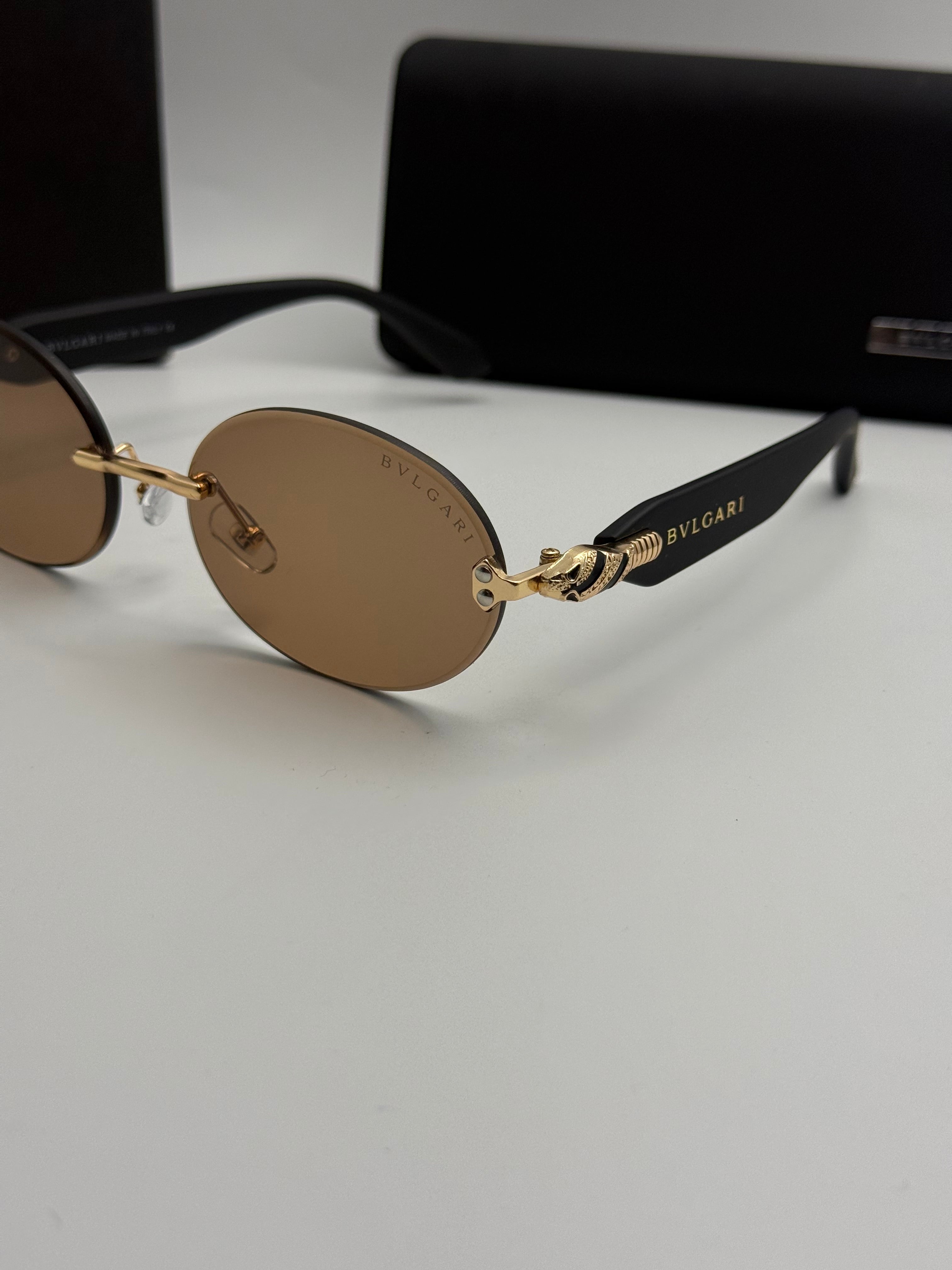 Bvlgari Rimless Oval Sunglasses – Gold & Brown