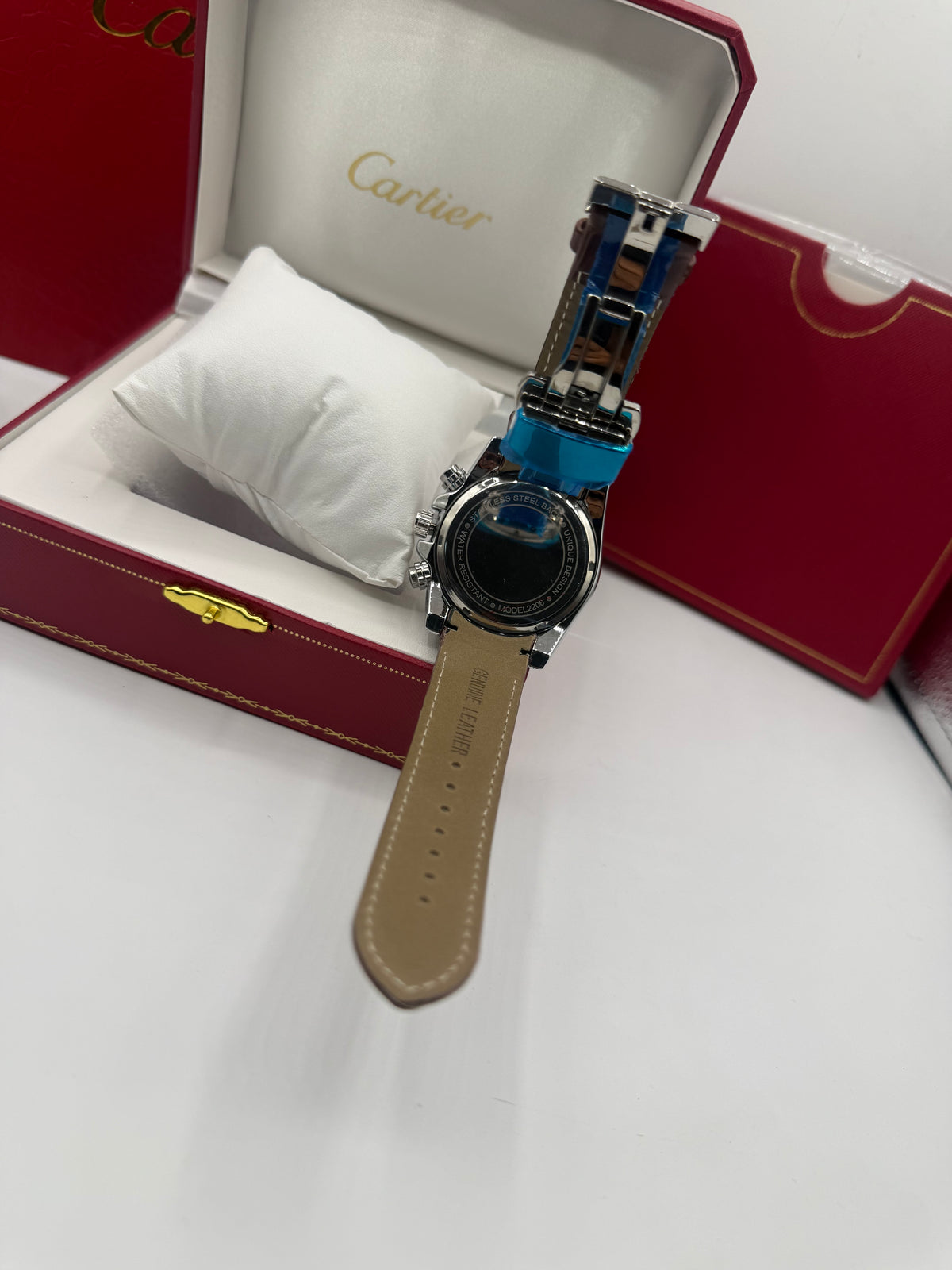 Cartier Calibre Chronograph Watch — Silver & Brown Leather
