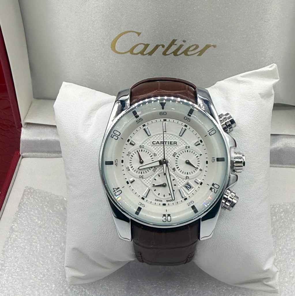 Cartier Calibre Chronograph Watch — Silver & Brown Leather