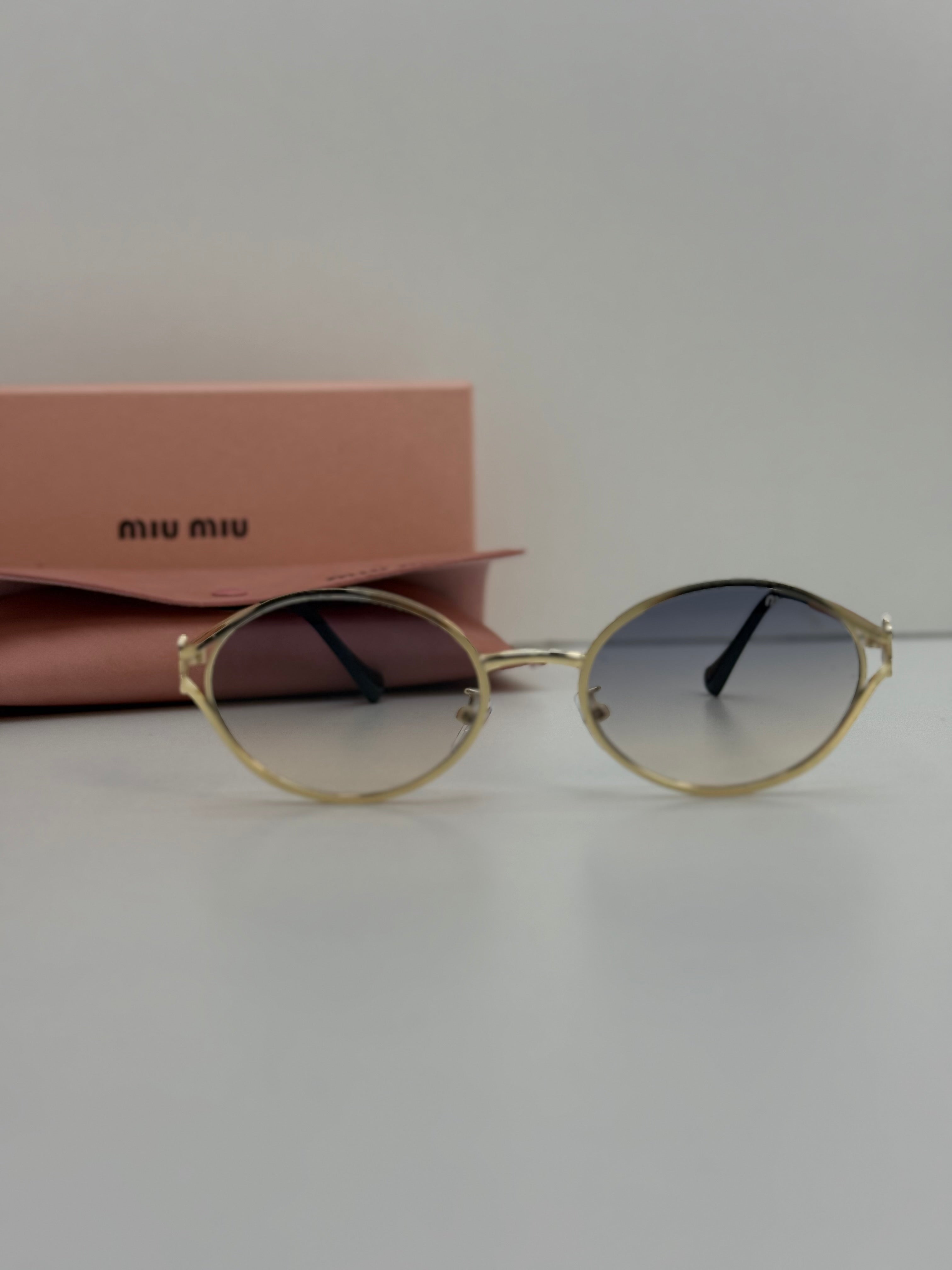 Miu Miu Oval Metal Sunglasses (Gold / Blue Grey Gradient )