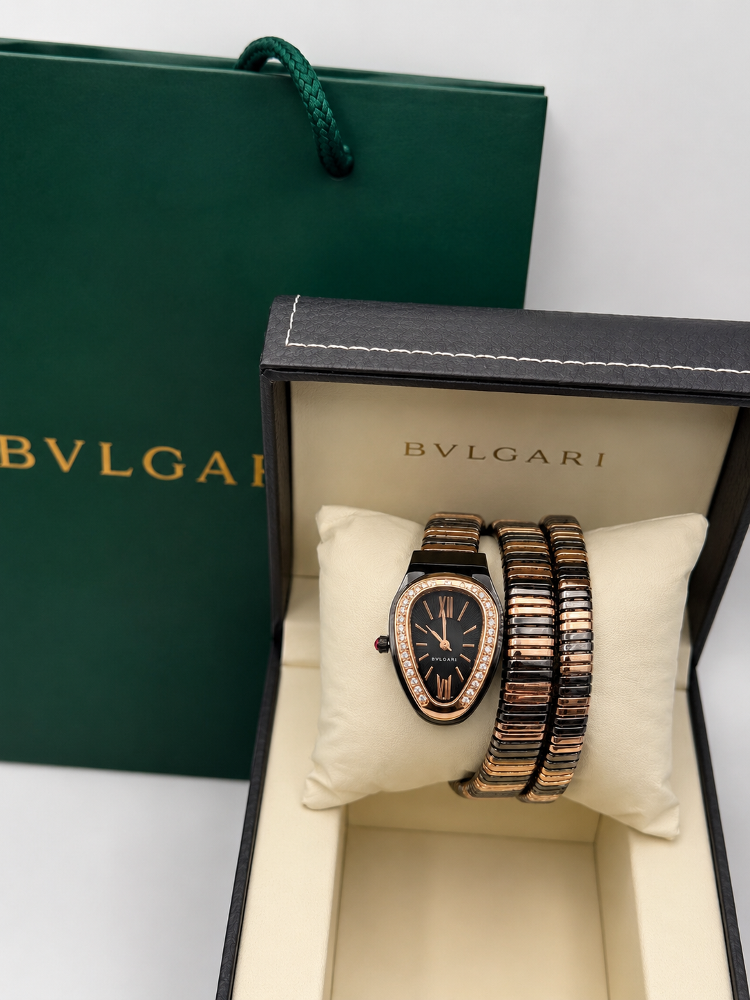 Bvlgari Serpenti Tubogas Watch – Black Dial Two-Tone Diamond Bezel