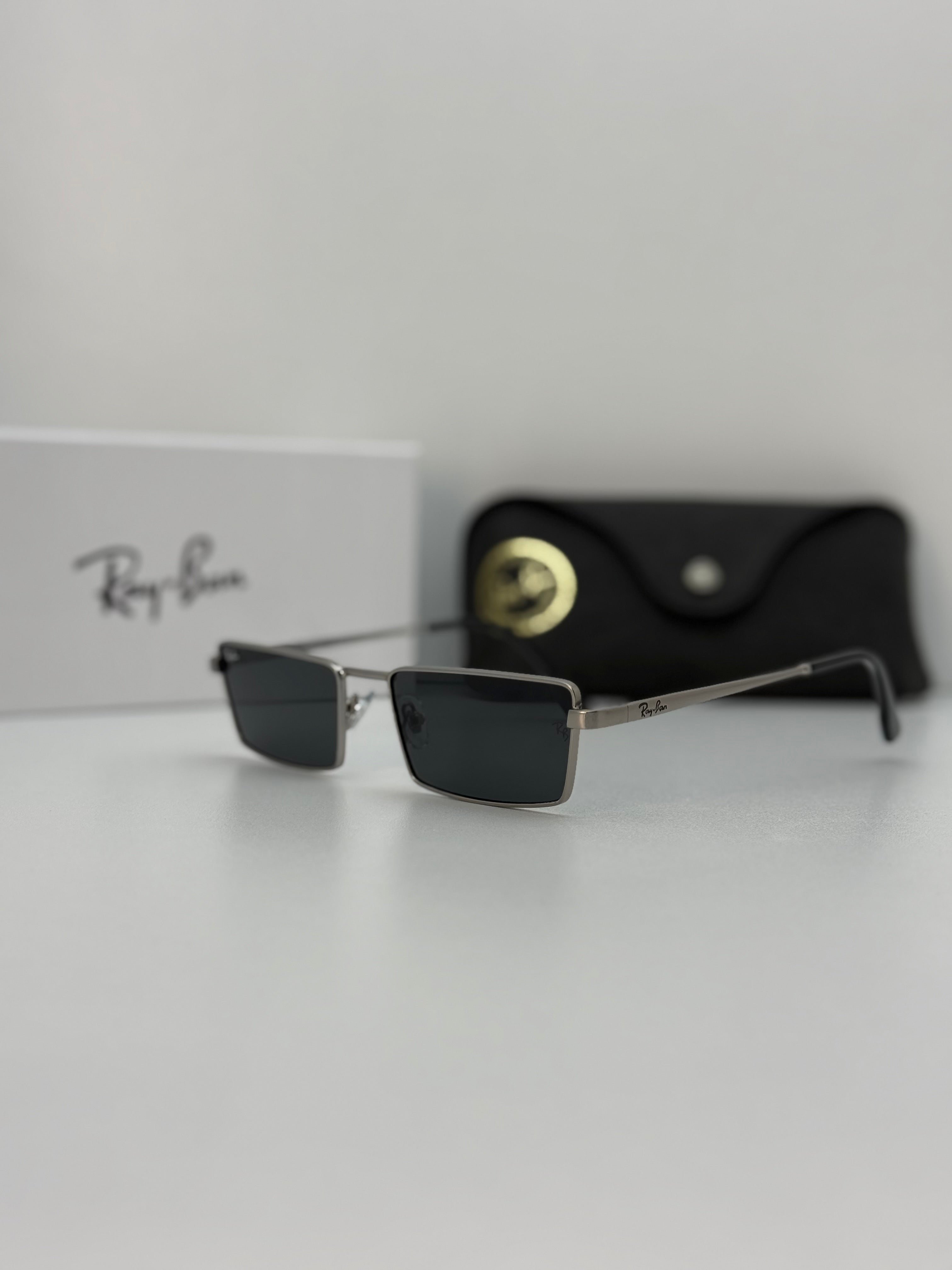 Ray Ban Rectangular Metal Sunglasses – Silver / Dark Grey
