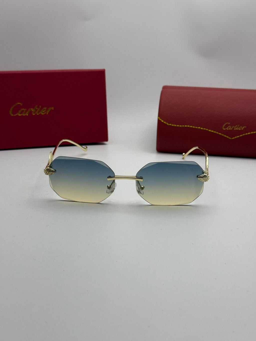 Cartier Panthère Rimless Sunglasses — Gold & Blue-Yellow Gradient
