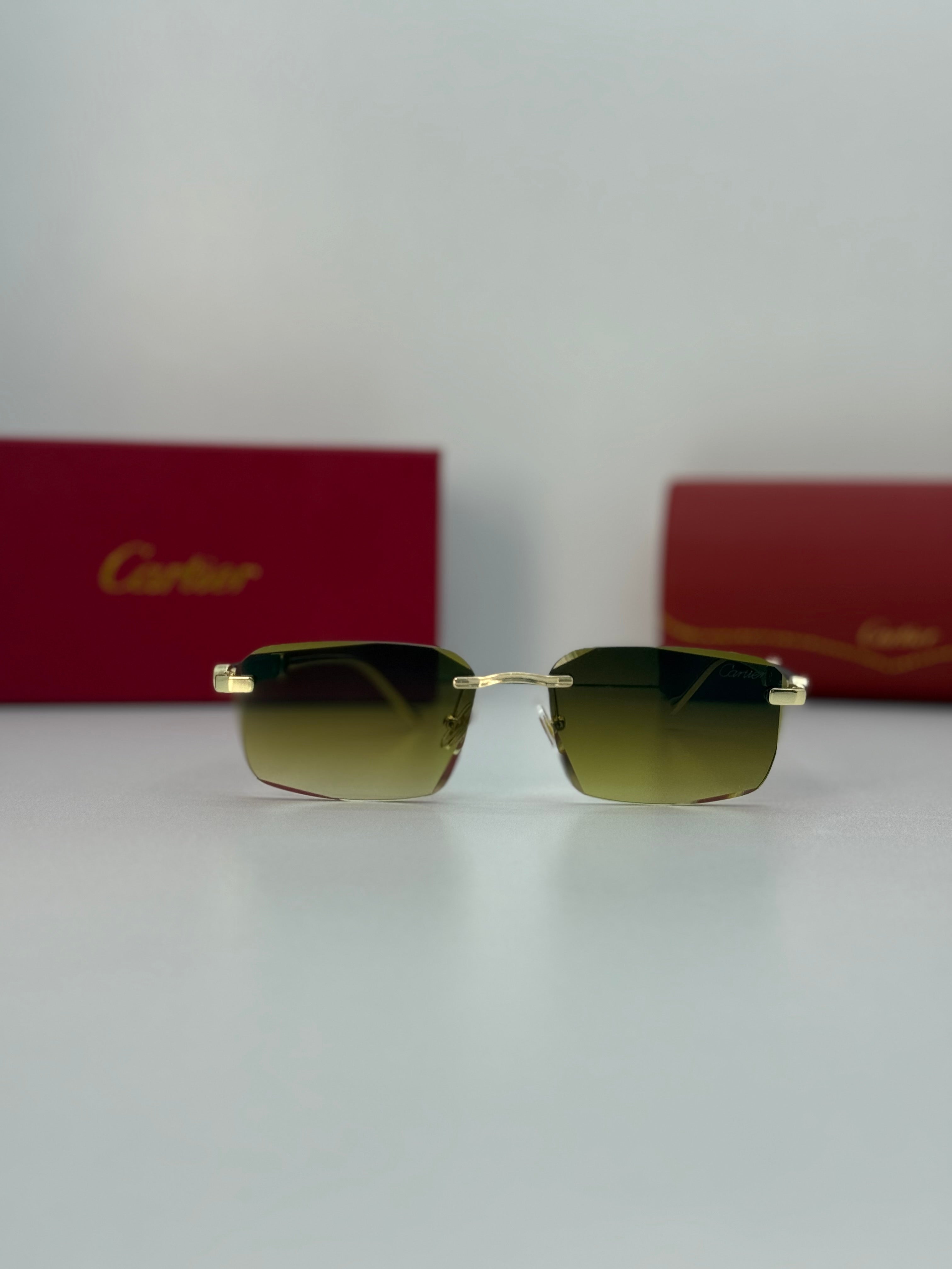 Cartier Rimless Rectangular Gradient Sunglasses – Gold / Green Gradient