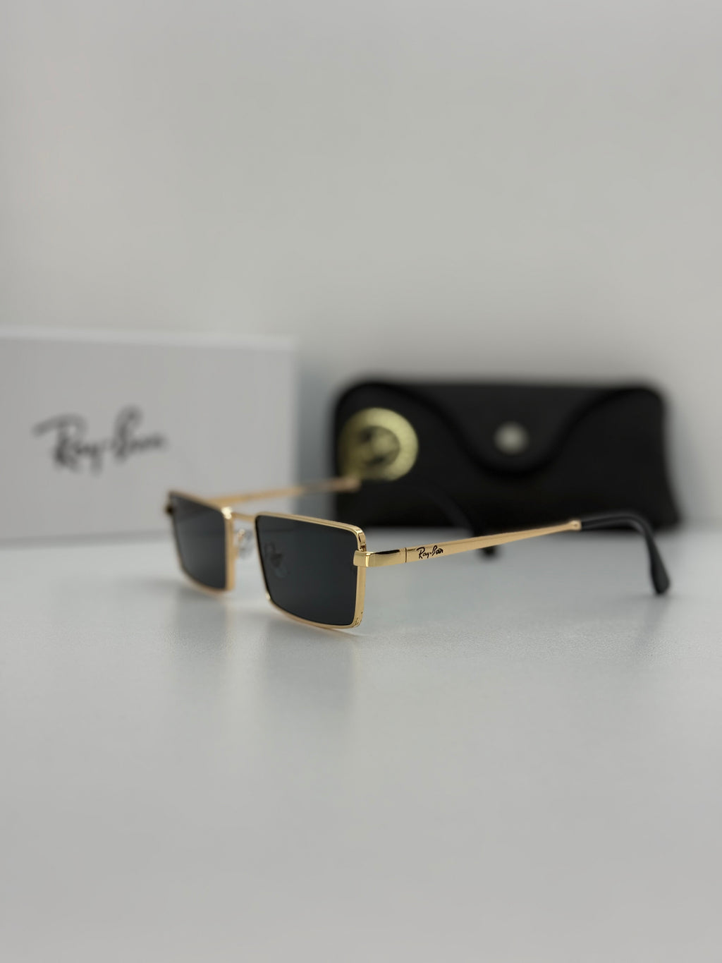 Ray Ban Rectangular Metal Sunglasses – Gold / Dark Green