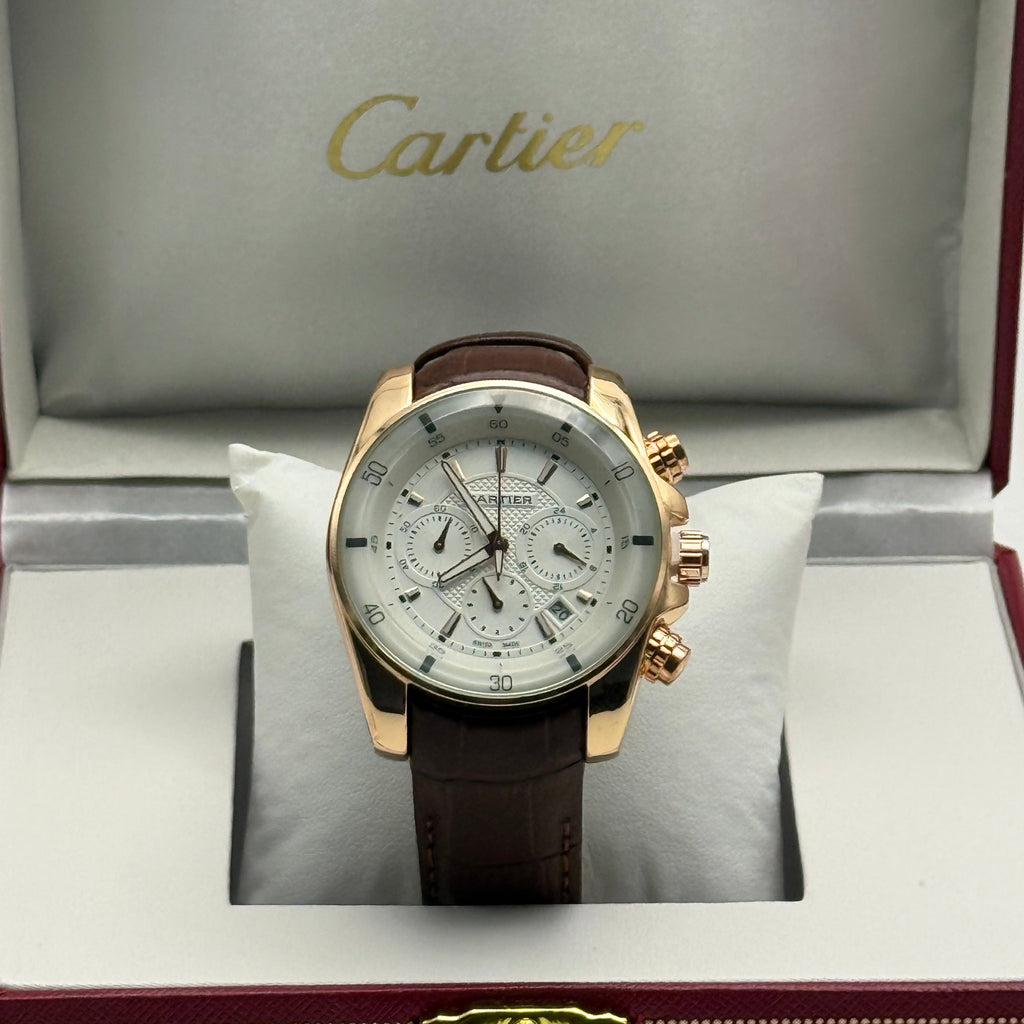 Cartier Calibre Chronograph Watch — Rose Gold & Brown Leather
