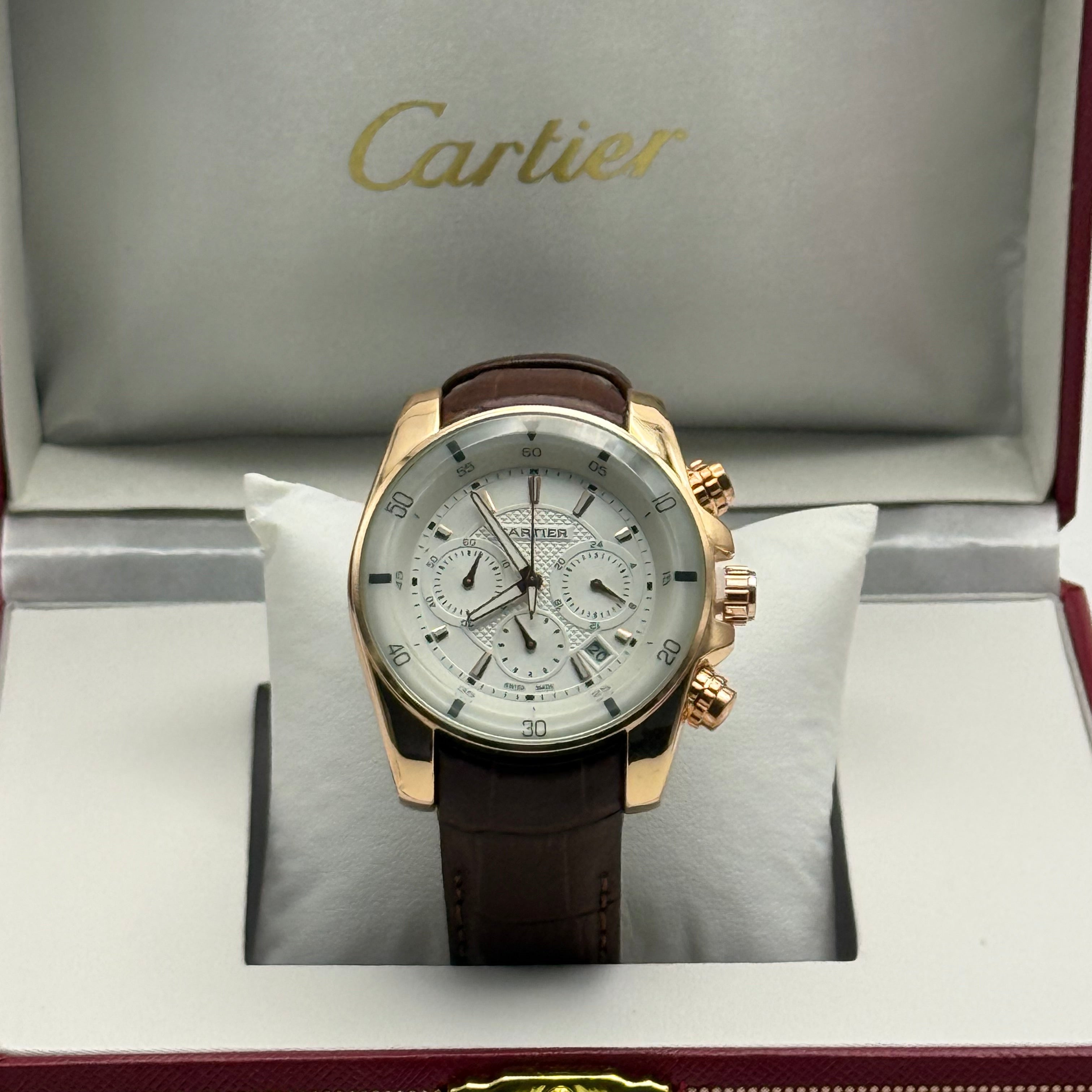 Cartier Calibre Chronograph Watch — Rose Gold & Brown Leather