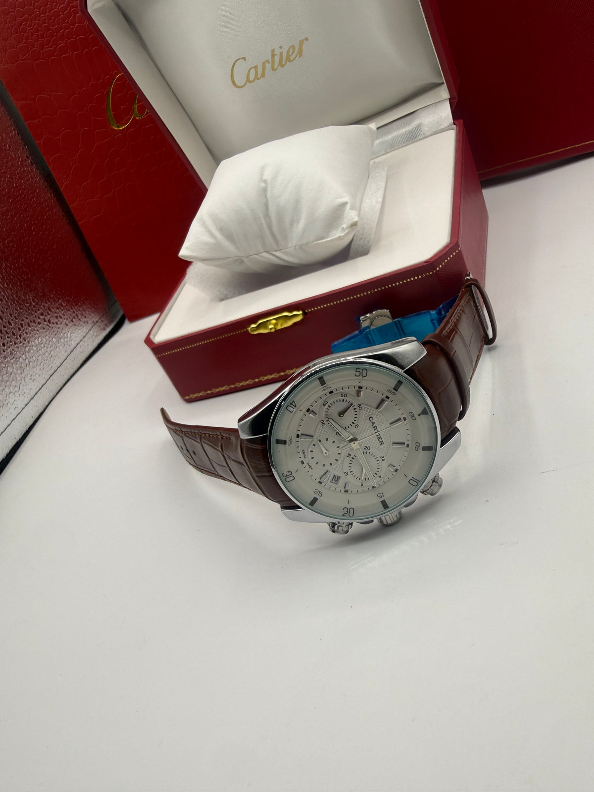 Cartier Calibre Chronograph Watch — Silver & Brown Leather