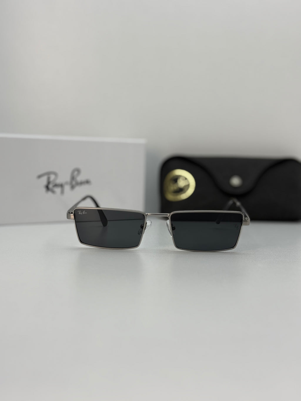 Ray Ban Rectangular Metal Sunglasses – Silver / Dark Grey