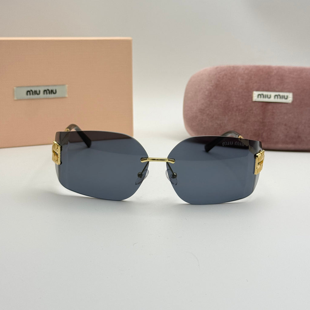 Miu Miu Black Rimless Shield Sunglasses – Gold Logo Edition