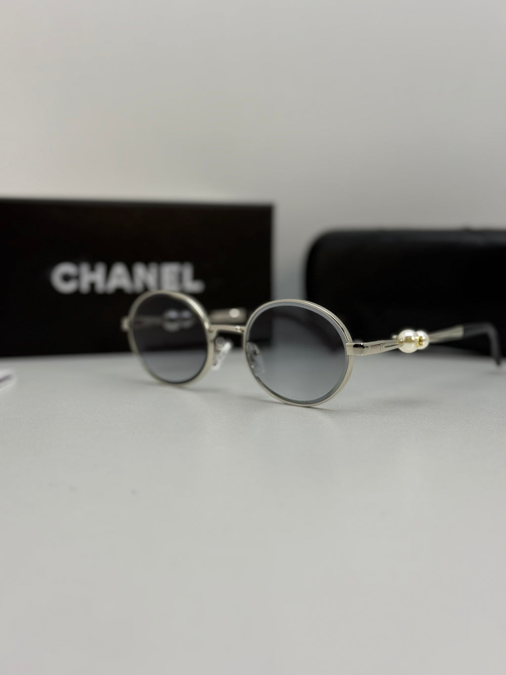 Chanel Round Metal Sunglasses (Silver / Grey Gradient)