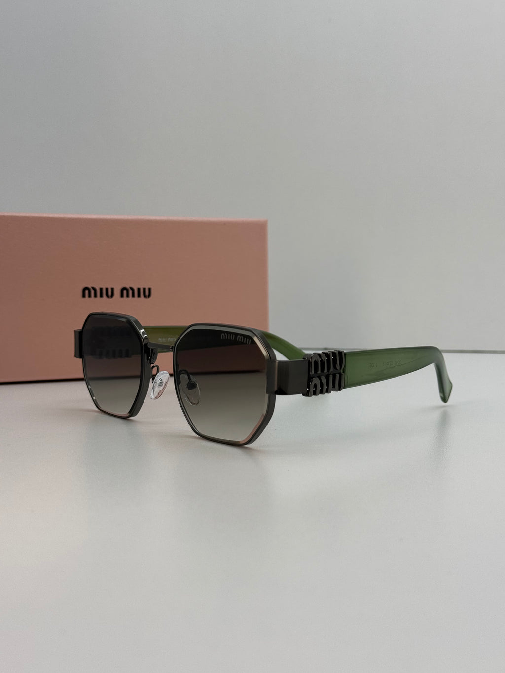 Miu Miu Octagonal Gunmetal Metal Gradient Sunglasses – Green Temple