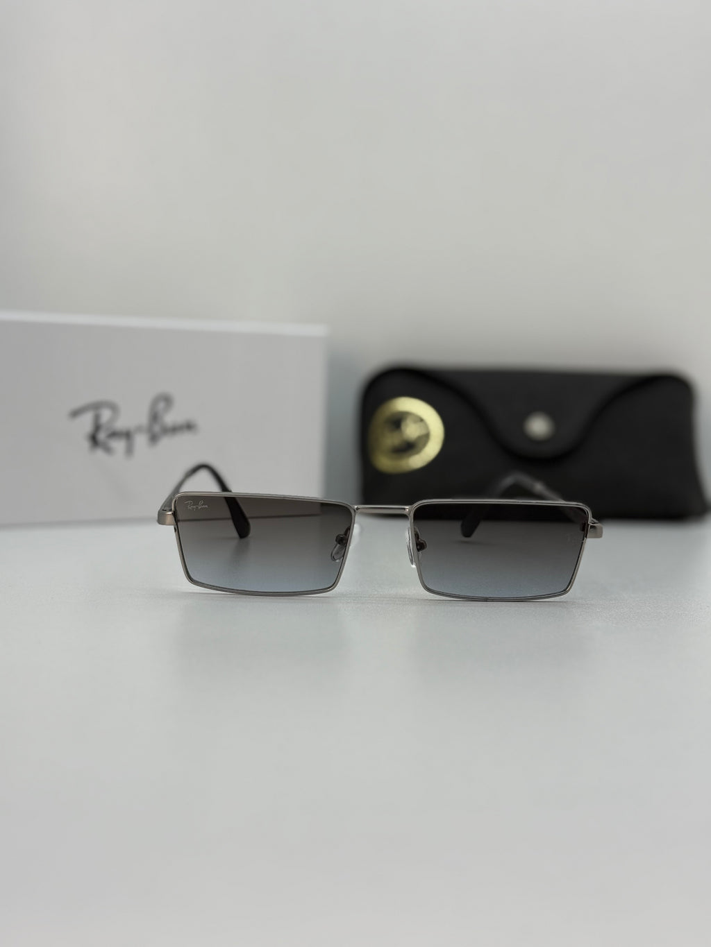 Ray Ban Rectangular Rimless Sunglasses – Silver / Grey Gradient