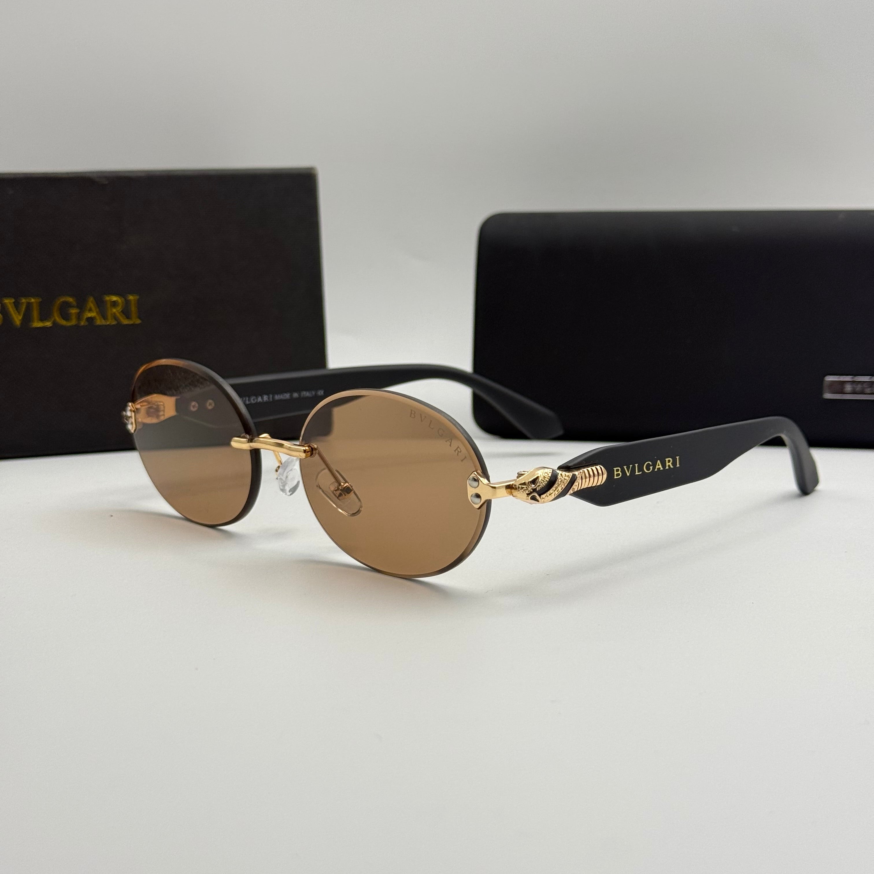 Bvlgari Rimless Oval Sunglasses – Gold & Brown