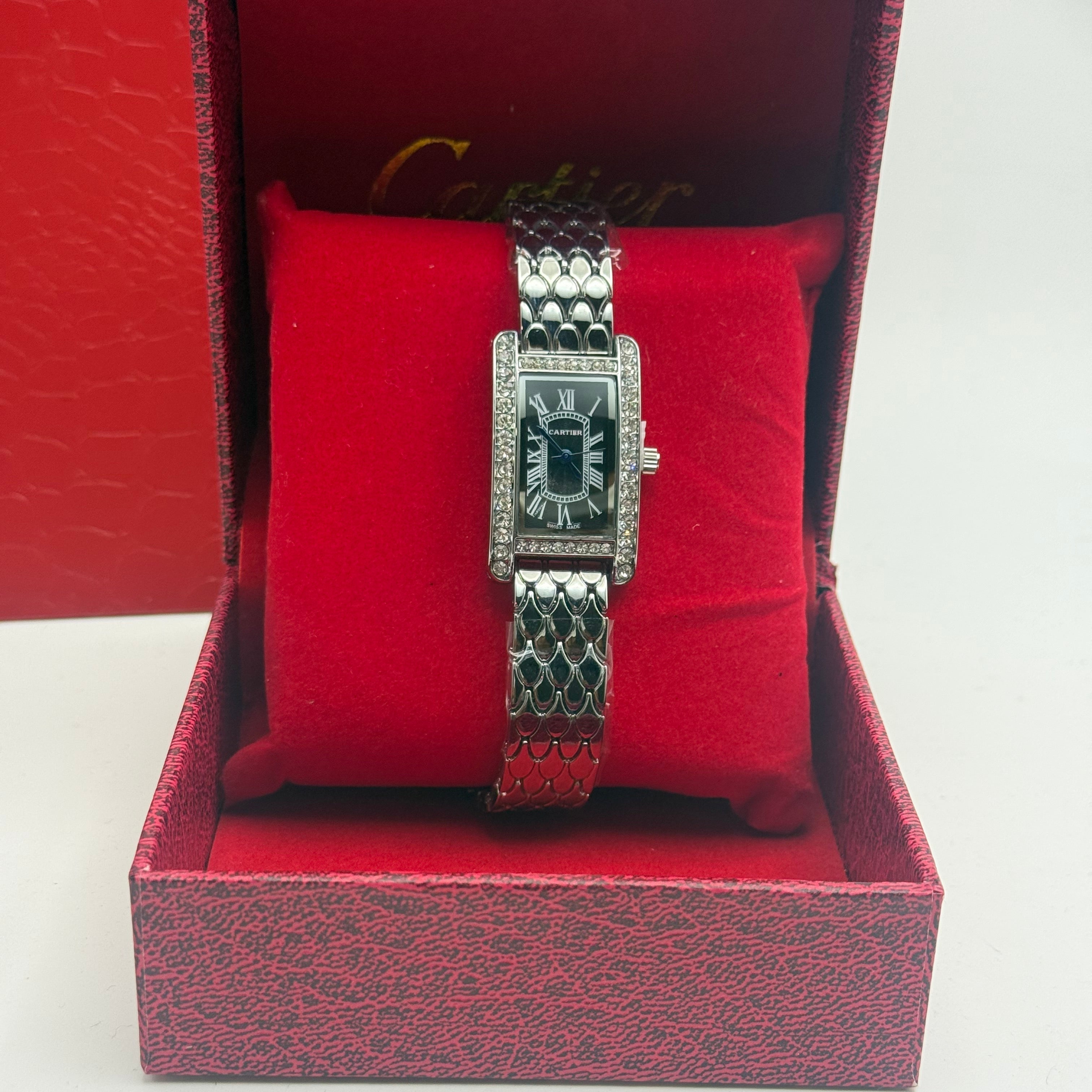 Cartier Tank Rectangular Watch – Black Dial / Diamond Bezel / Stainless Steel Bracelet