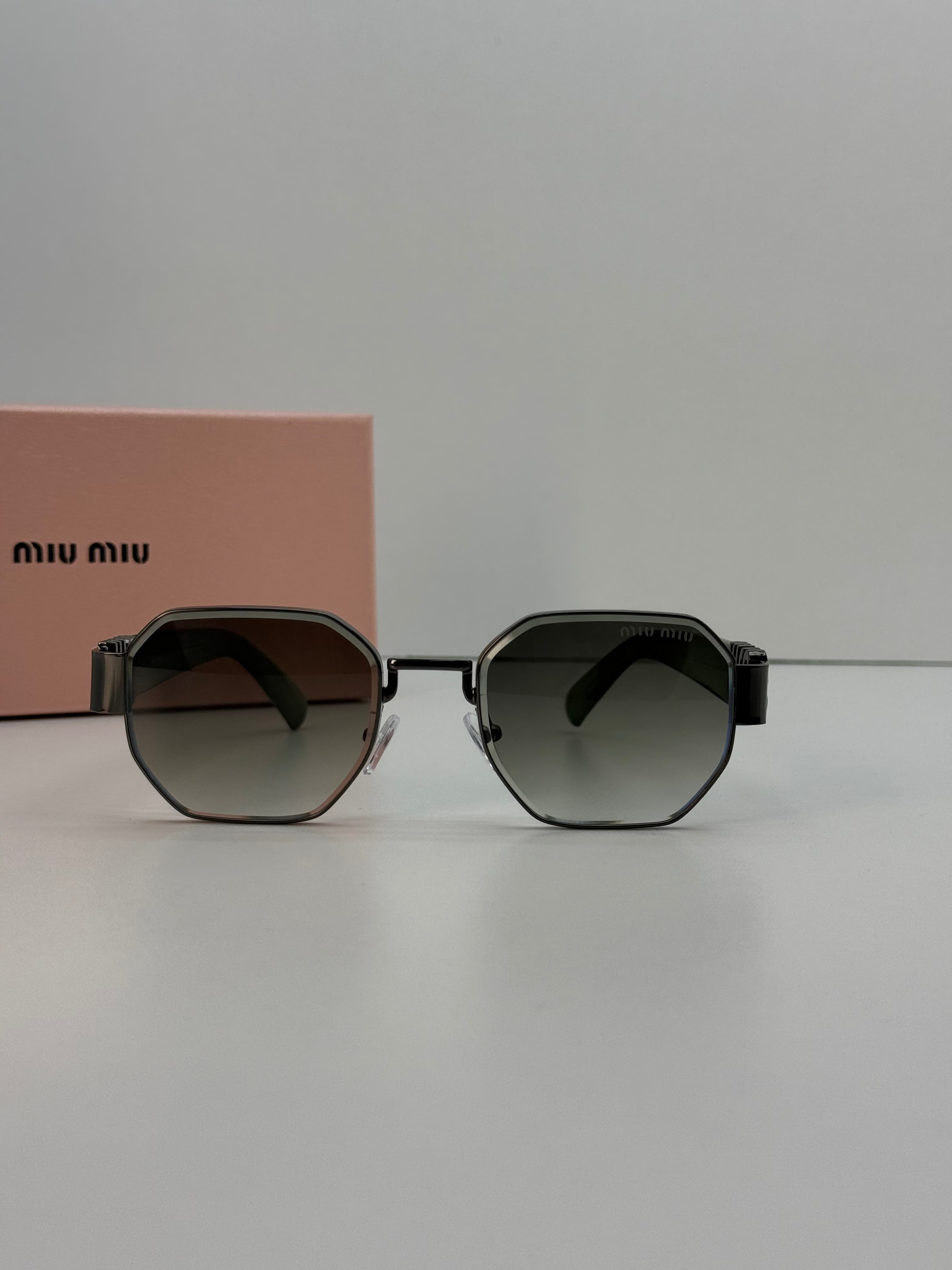 Miu Miu Octagonal Gunmetal Metal Gradient Sunglasses – Green Temple