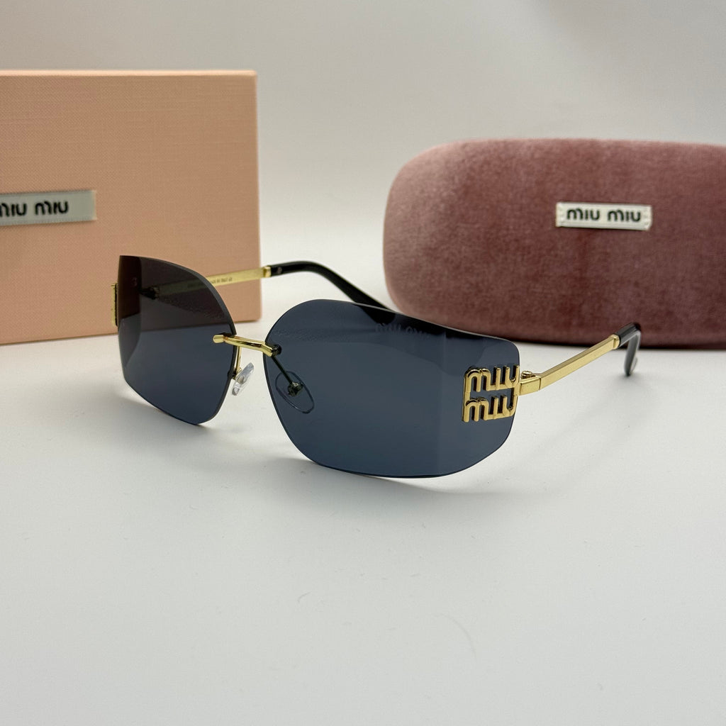 Miu Miu Black Rimless Shield Sunglasses – Gold Logo Edition