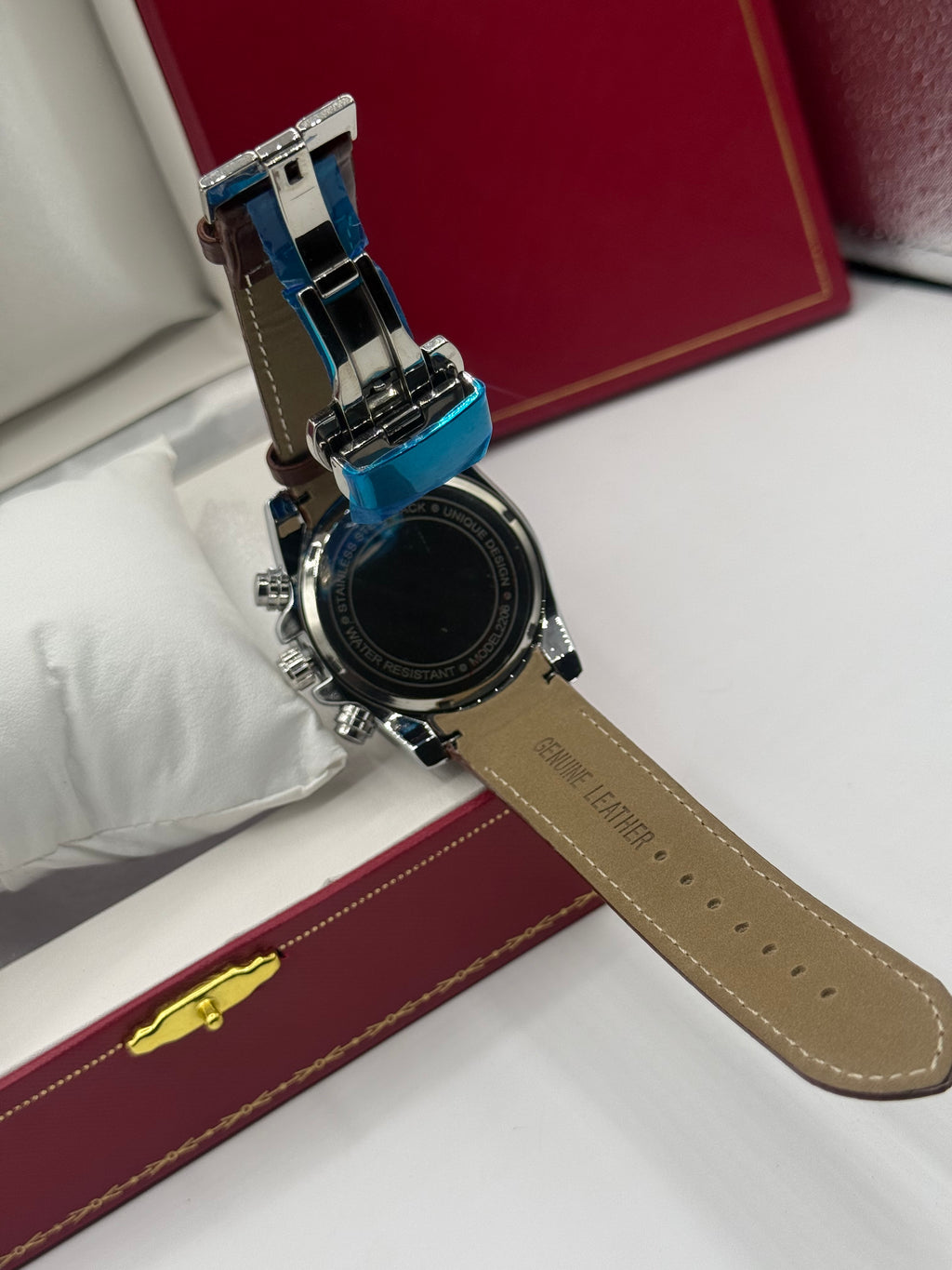 Cartier Calibre Chronograph Watch — Silver & Brown Leather