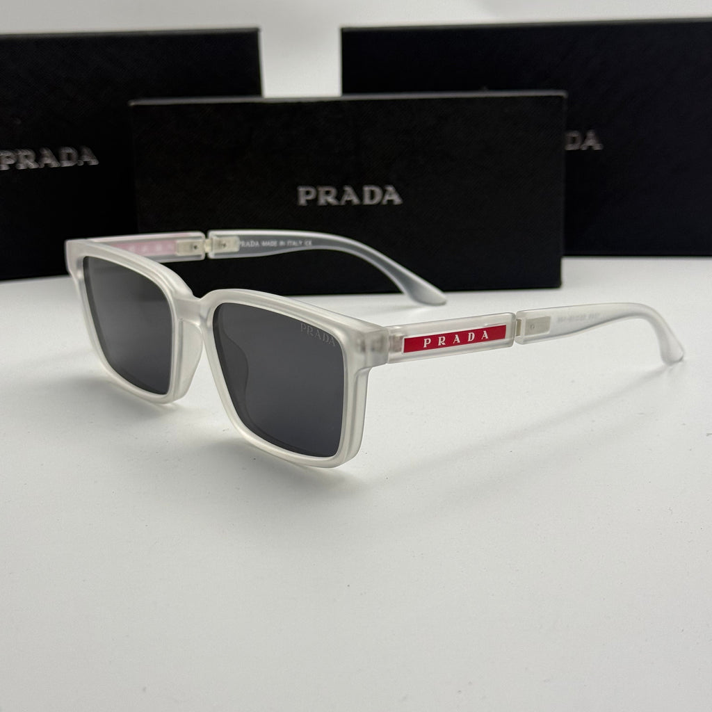 Prada Linea Rossa Square Sunglasses – Crystal Clear Frame / Dark Grey Lenses