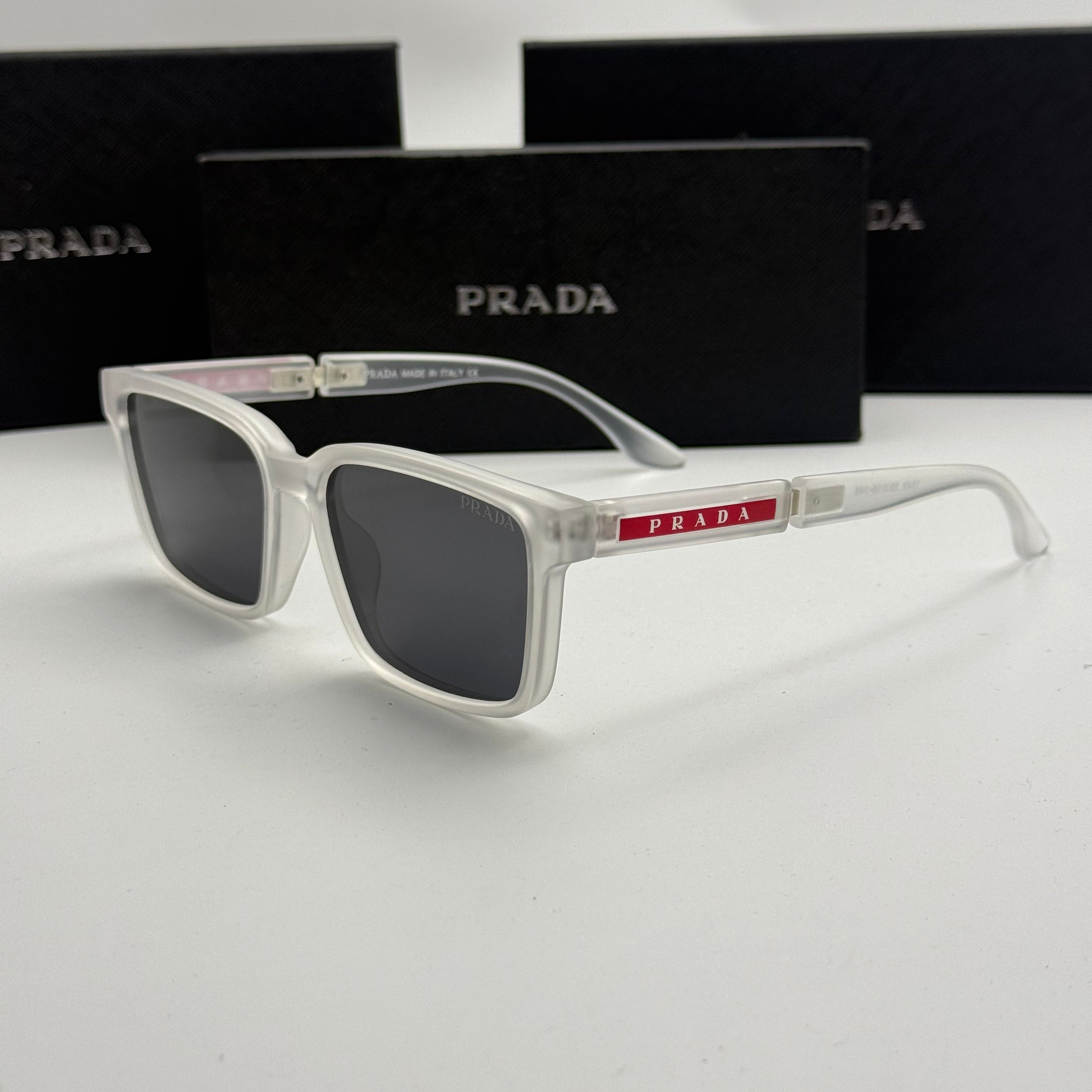 Prada Linea Rossa Square Sunglasses – Crystal Clear Frame / Dark Grey Lenses