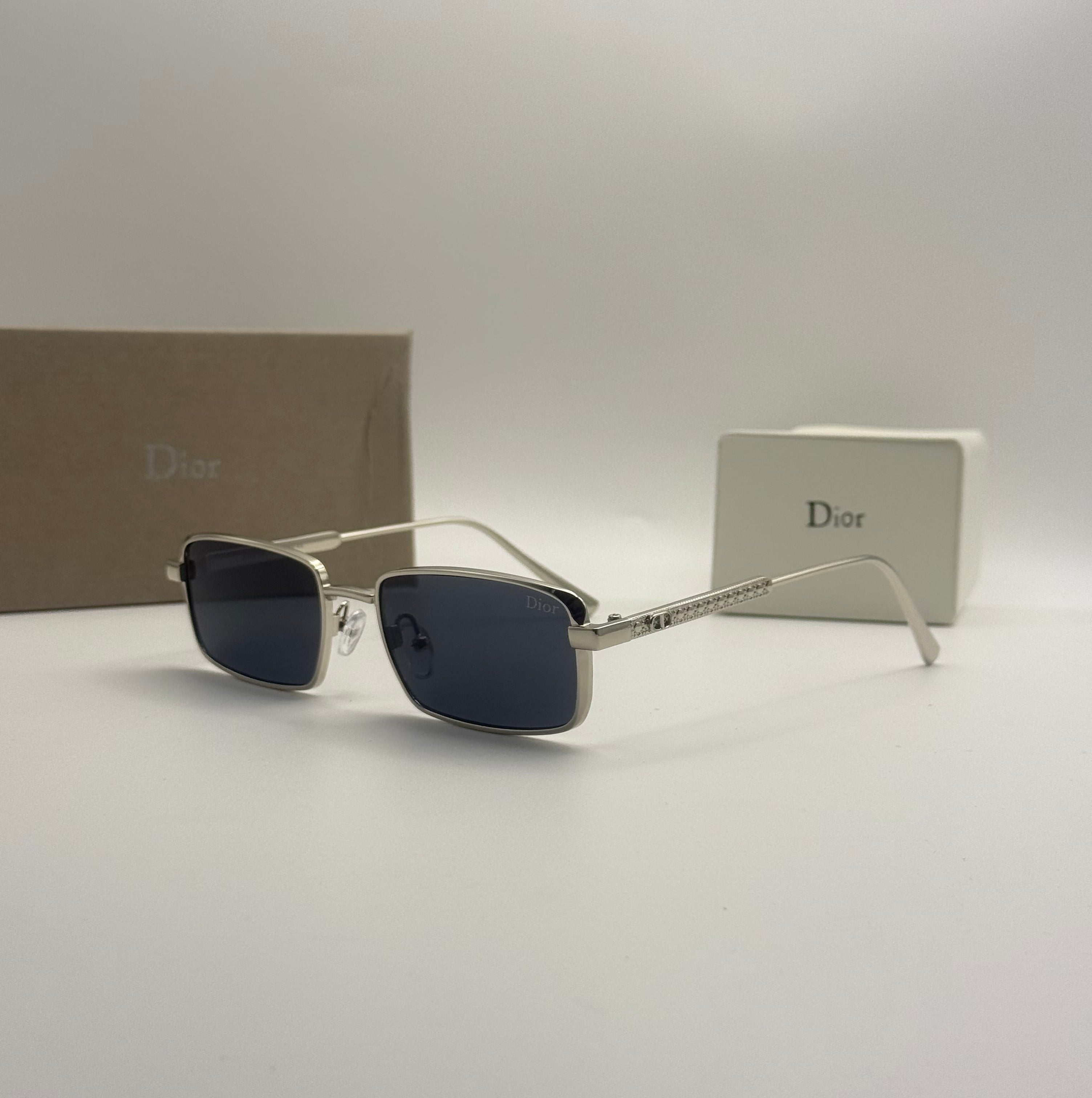 Dior Rectangle Sunglasses – Silver Frame / Dark Blue Lenses