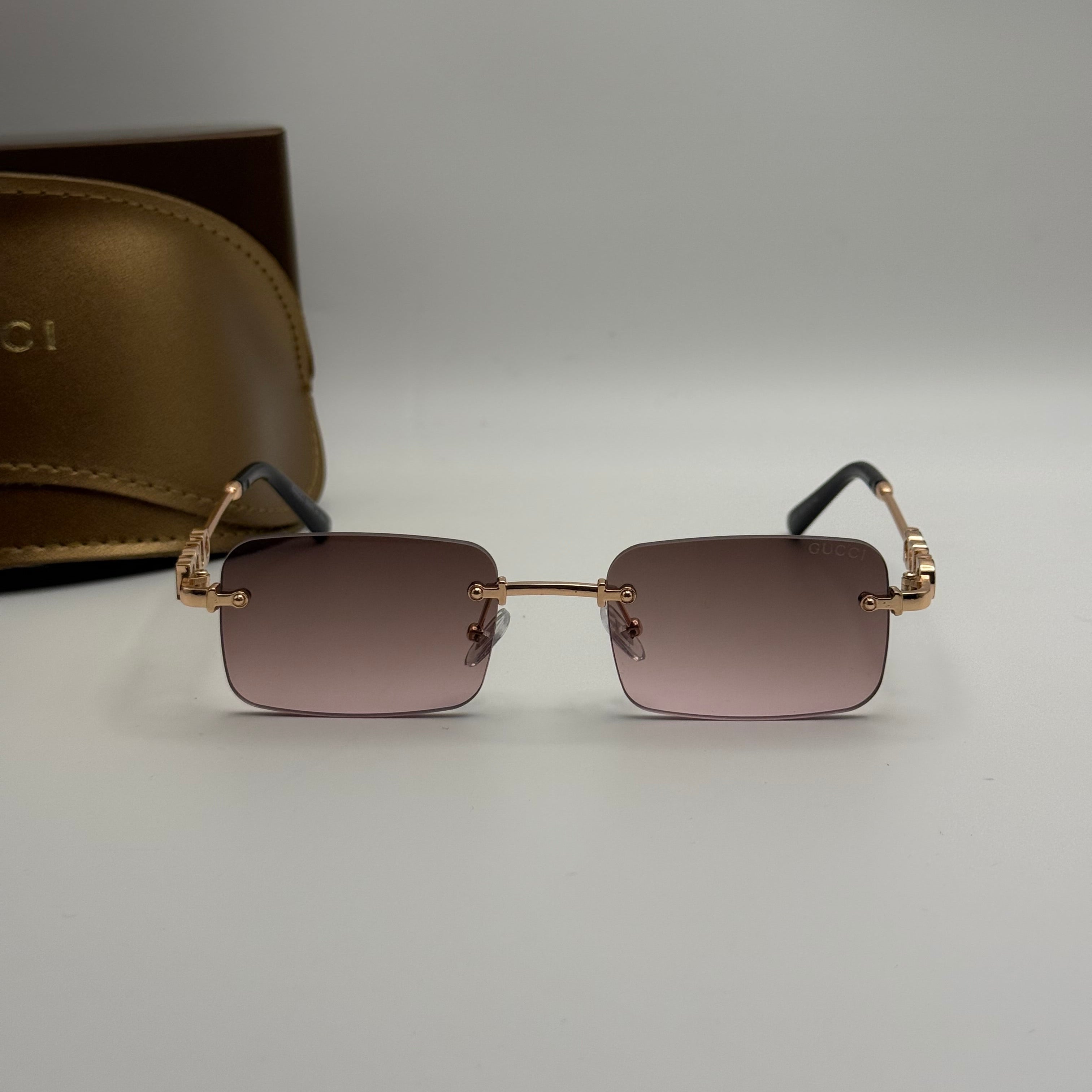 Gucci Rimless Rectangle Sunglasses – Gold & Brown Gradient