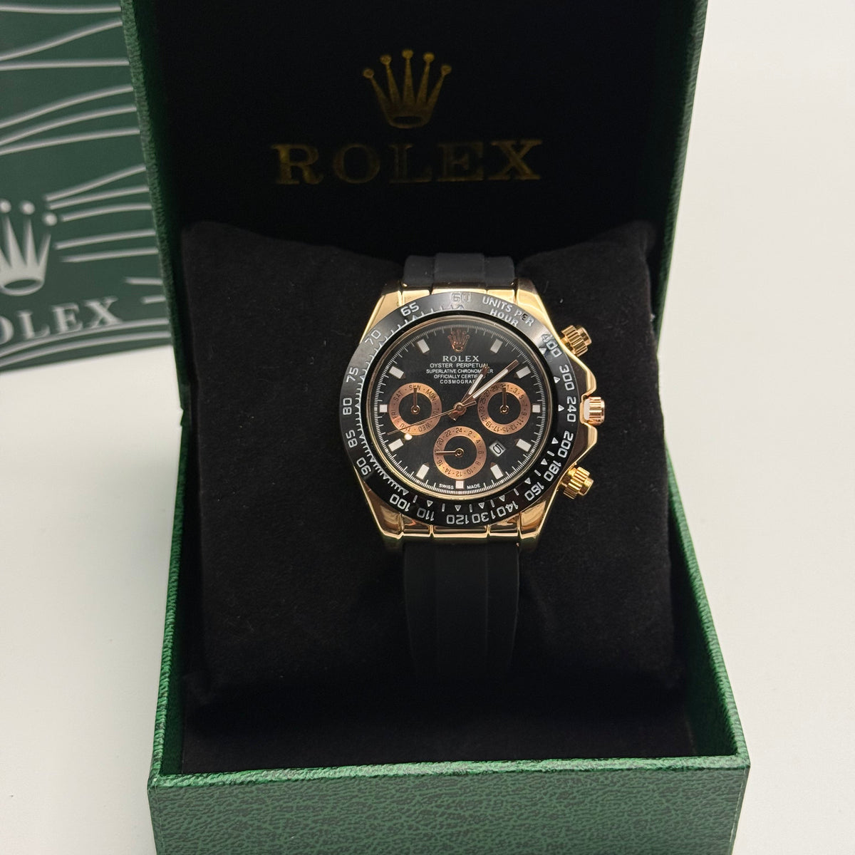 Men's Gold-Tone Black Dial Sport Watch with Black Strap