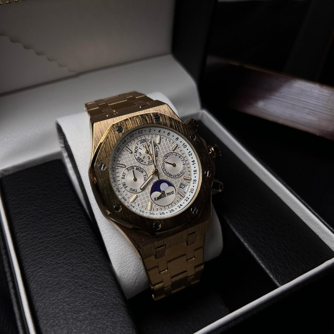 Audemars Piguet Royal Oak Chronograph For Him – Gold Tone with White Dial & Moonphase