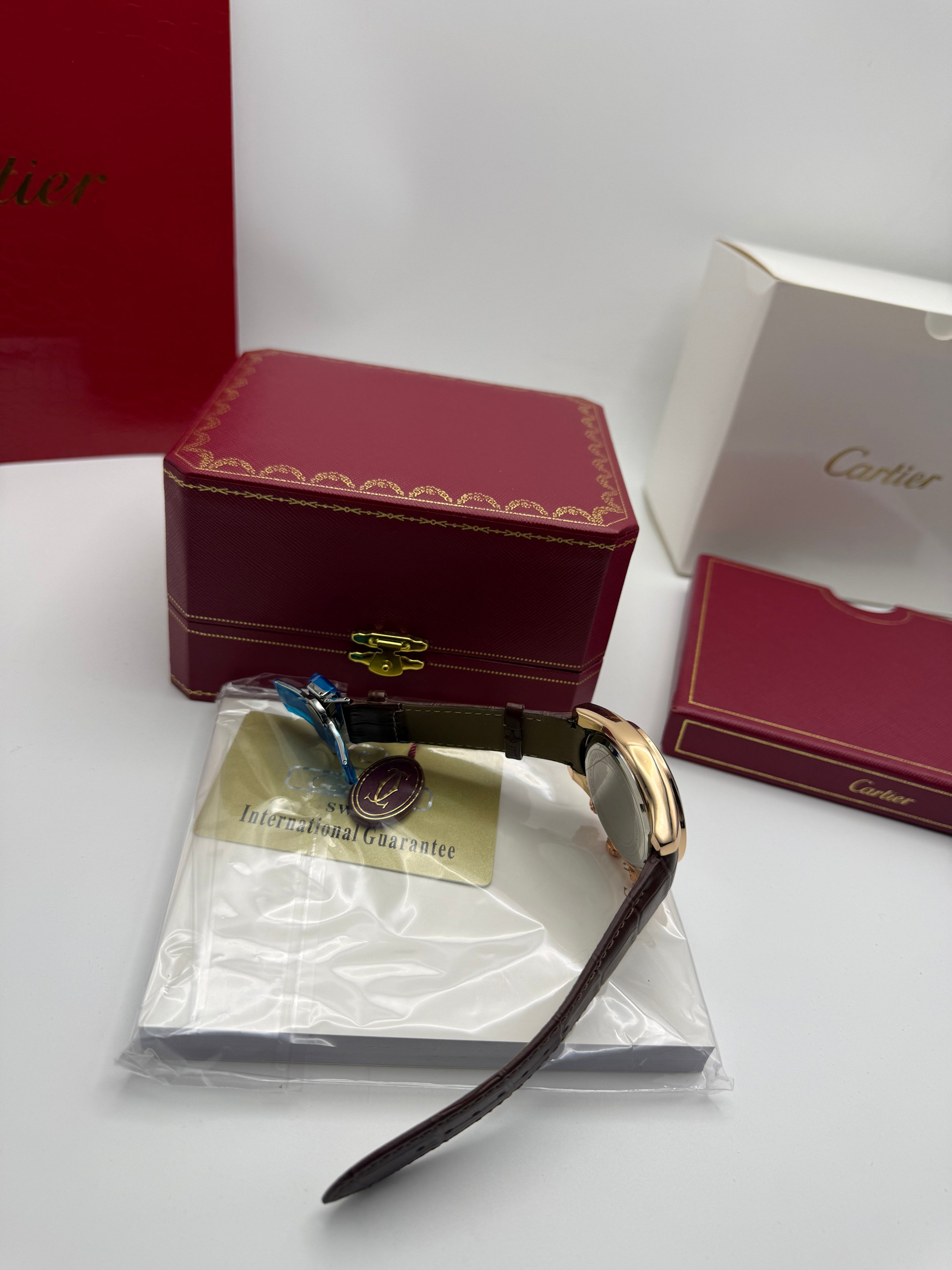 Cartier Calibre Chronograph Watch — Rose Gold & Brown Leather