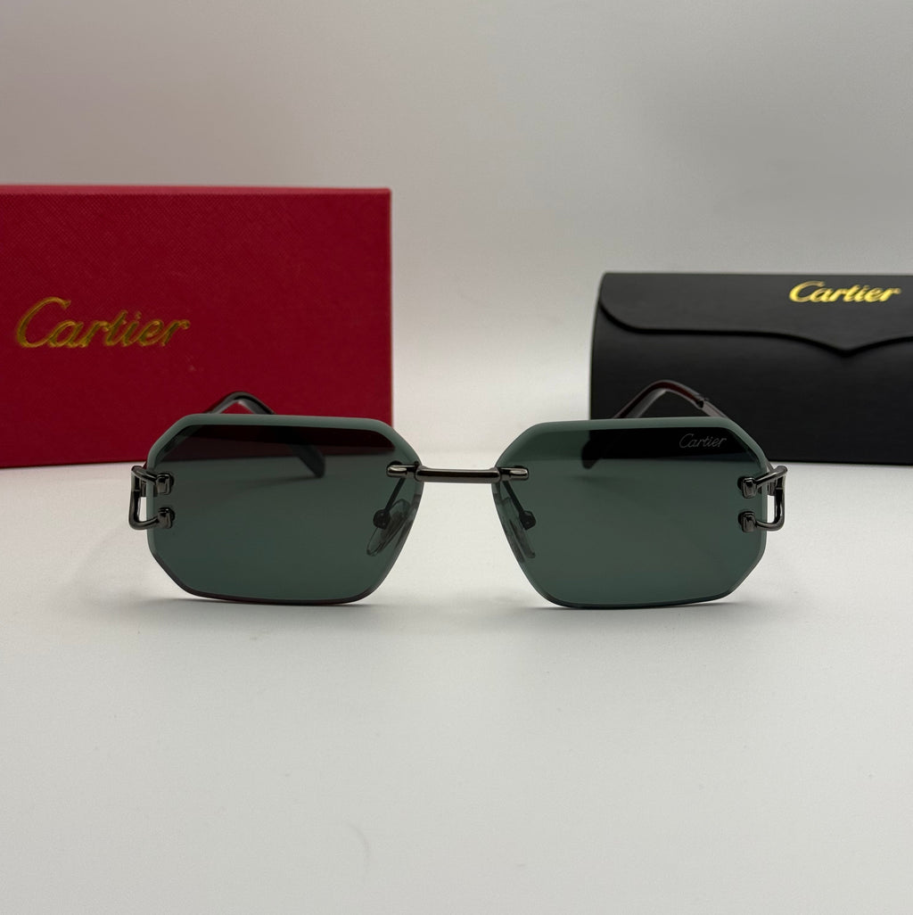 Cartier Rimless Rectangular Sunglasses – Gunmetal / Dark Green Lenses