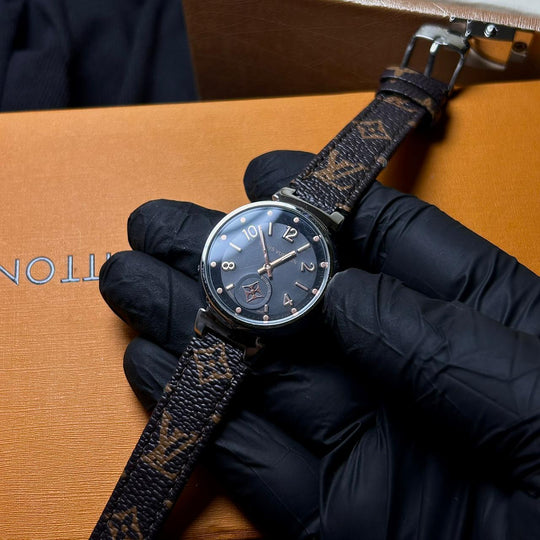 Louis Vuitton Tambour Monogram – Brown Leather Black Dial
