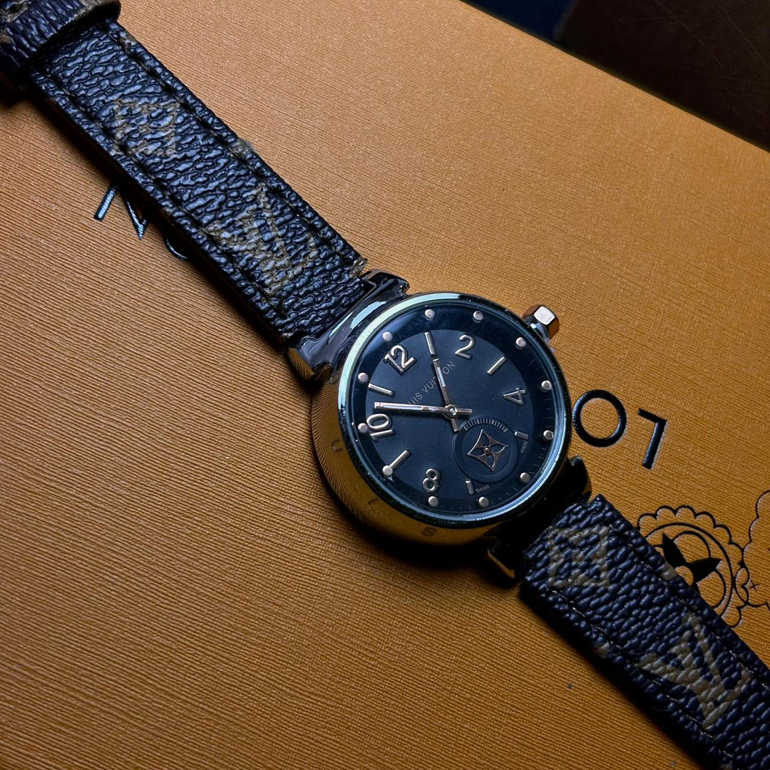 Louis Vuitton Tambour Monogram – Brown Leather Black Dial