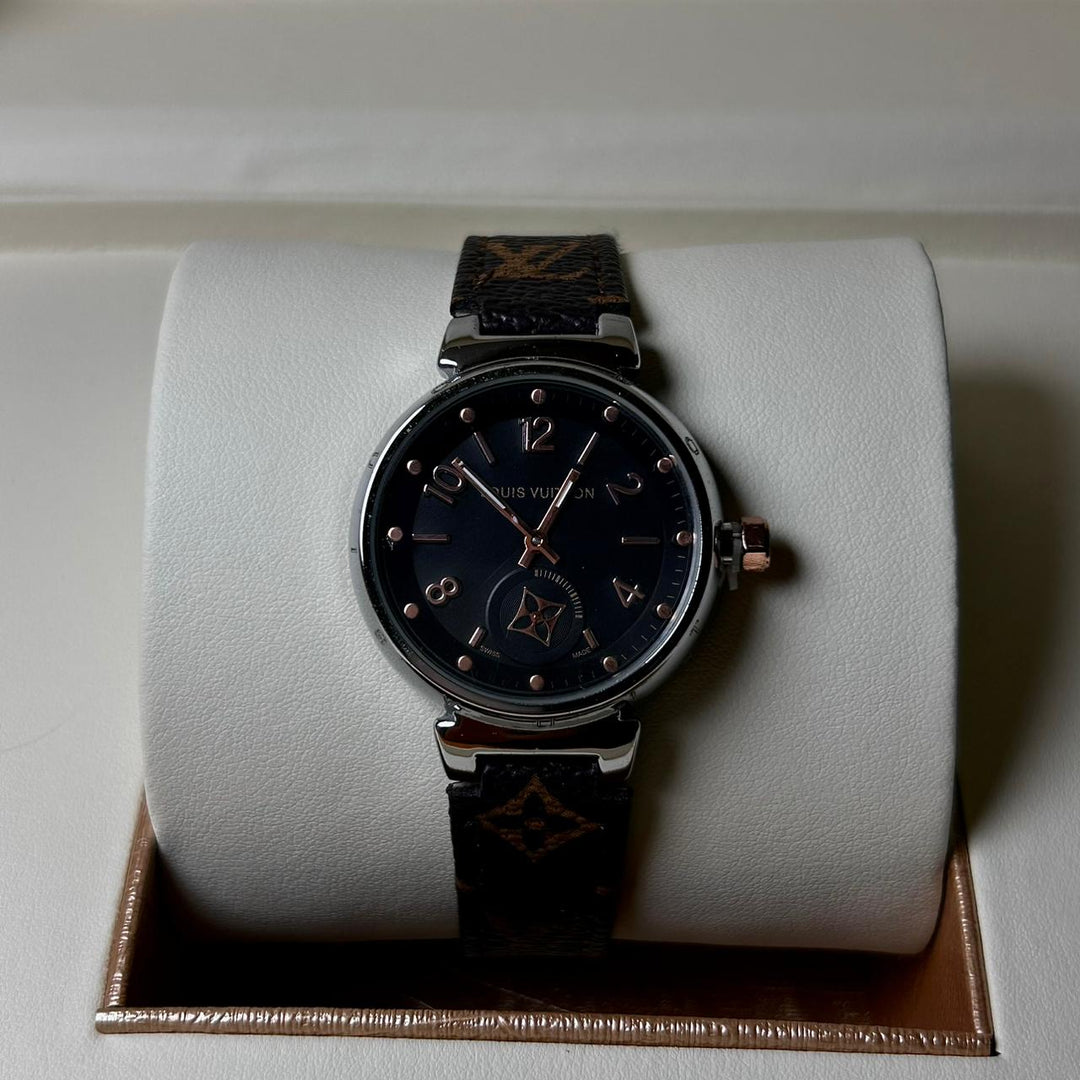 Louis Vuitton Tambour Monogram – Brown Leather Black Dial