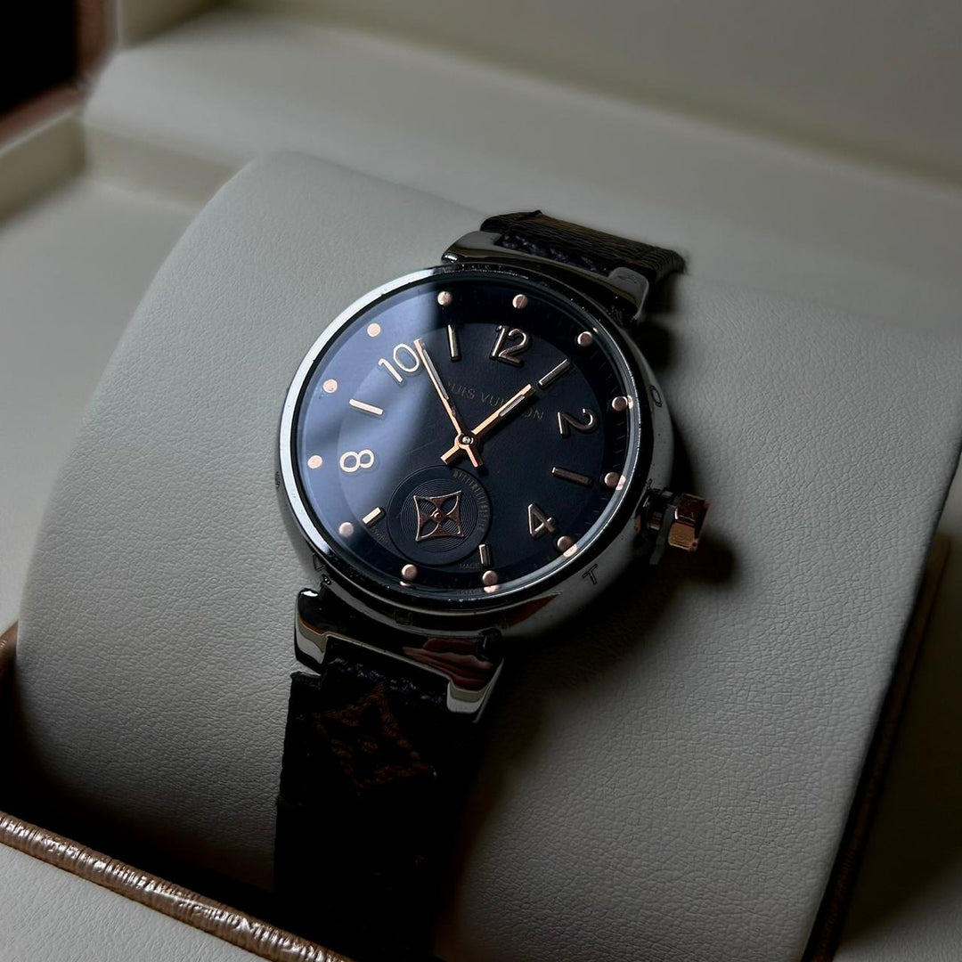 Louis Vuitton Tambour Monogram – Brown Leather Black Dial