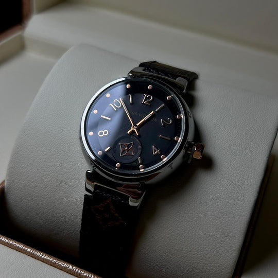 Louis Vuitton Tambour Monogram – Brown Leather Black Dial