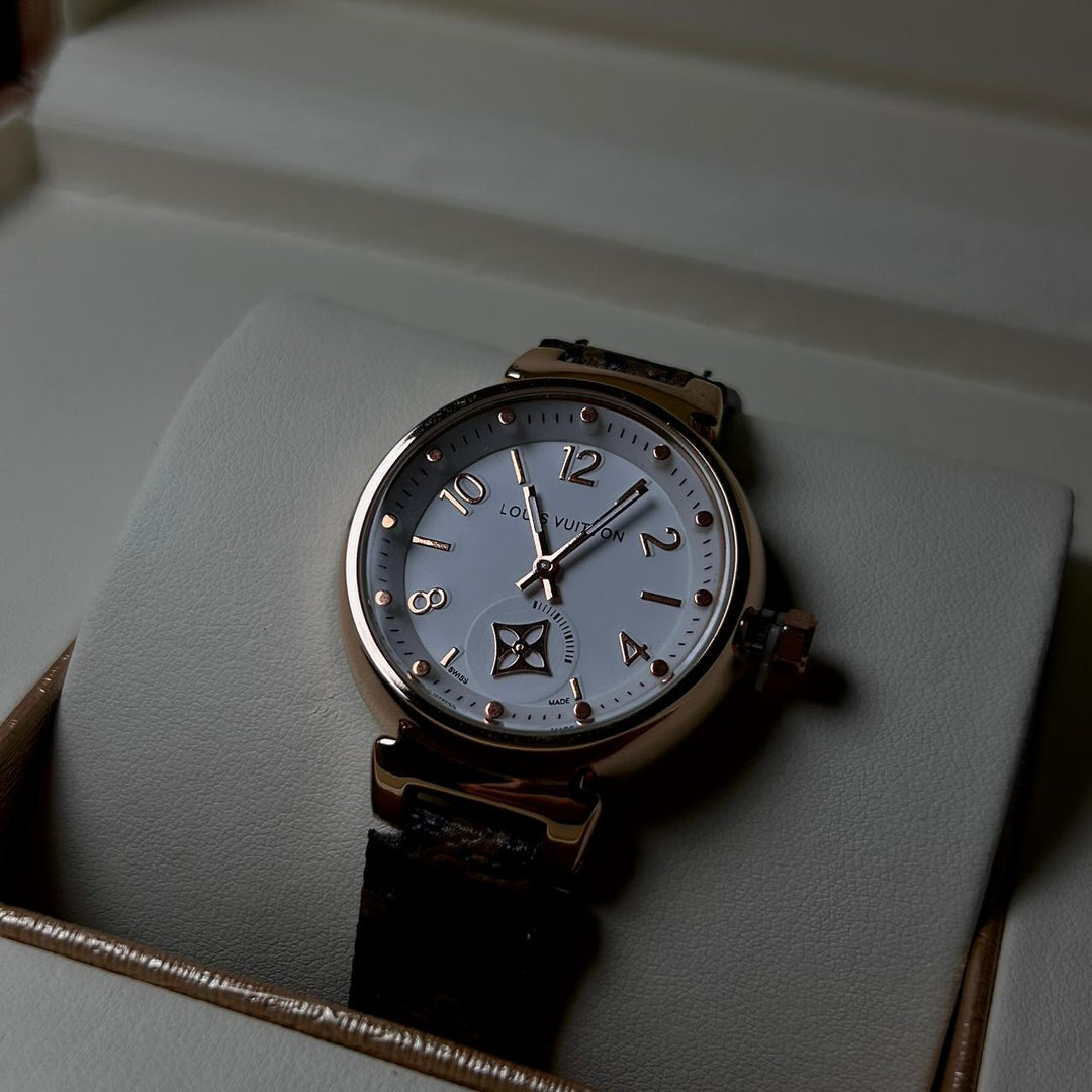 Louis Vuitton Tambour Monogram – Brown Leather White Dial