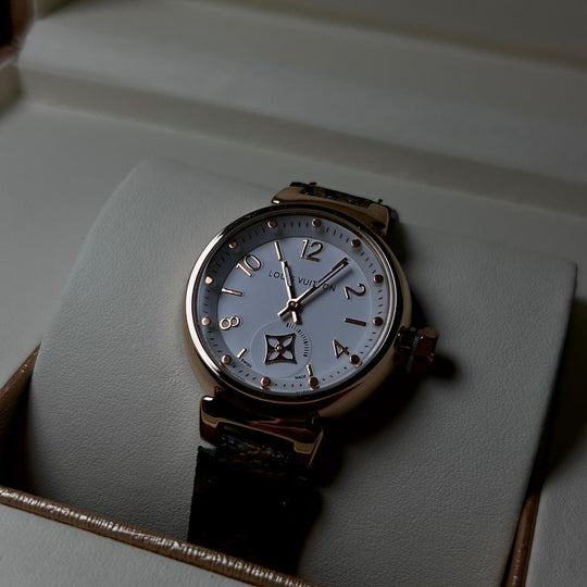 Louis Vuitton Tambour Monogram – Brown Leather White Dial