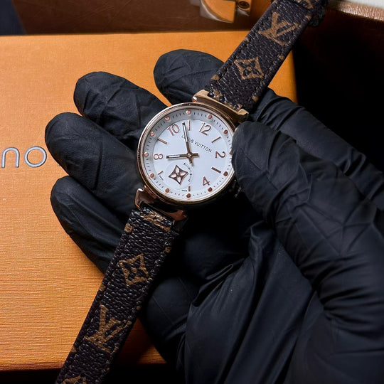 Louis Vuitton Tambour Monogram – Brown Leather White Dial