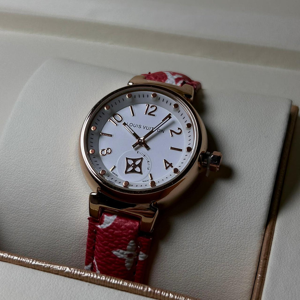 Louis Vuitton Tambour Monogram – Red Leather White Dial