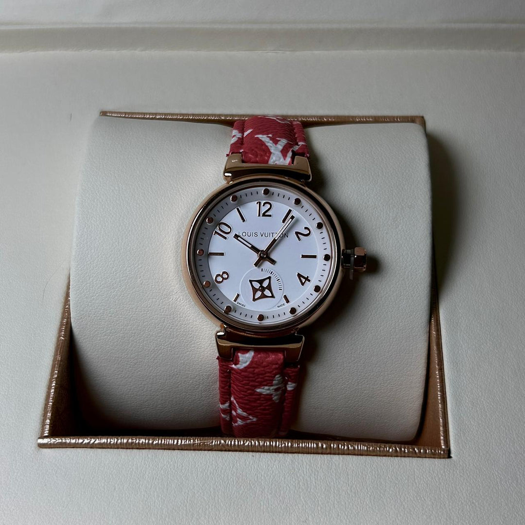 Louis Vuitton Tambour Monogram – Red Leather White Dial