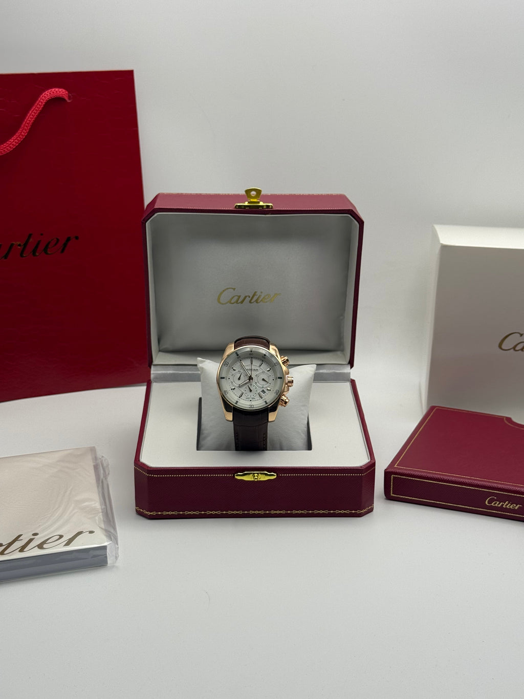 Cartier Calibre Chronograph Watch — Rose Gold & Brown Leather