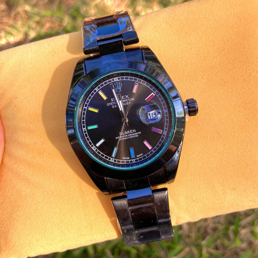 Rolex Datejust Style "Blaken" - All Black with Multicolor Markers