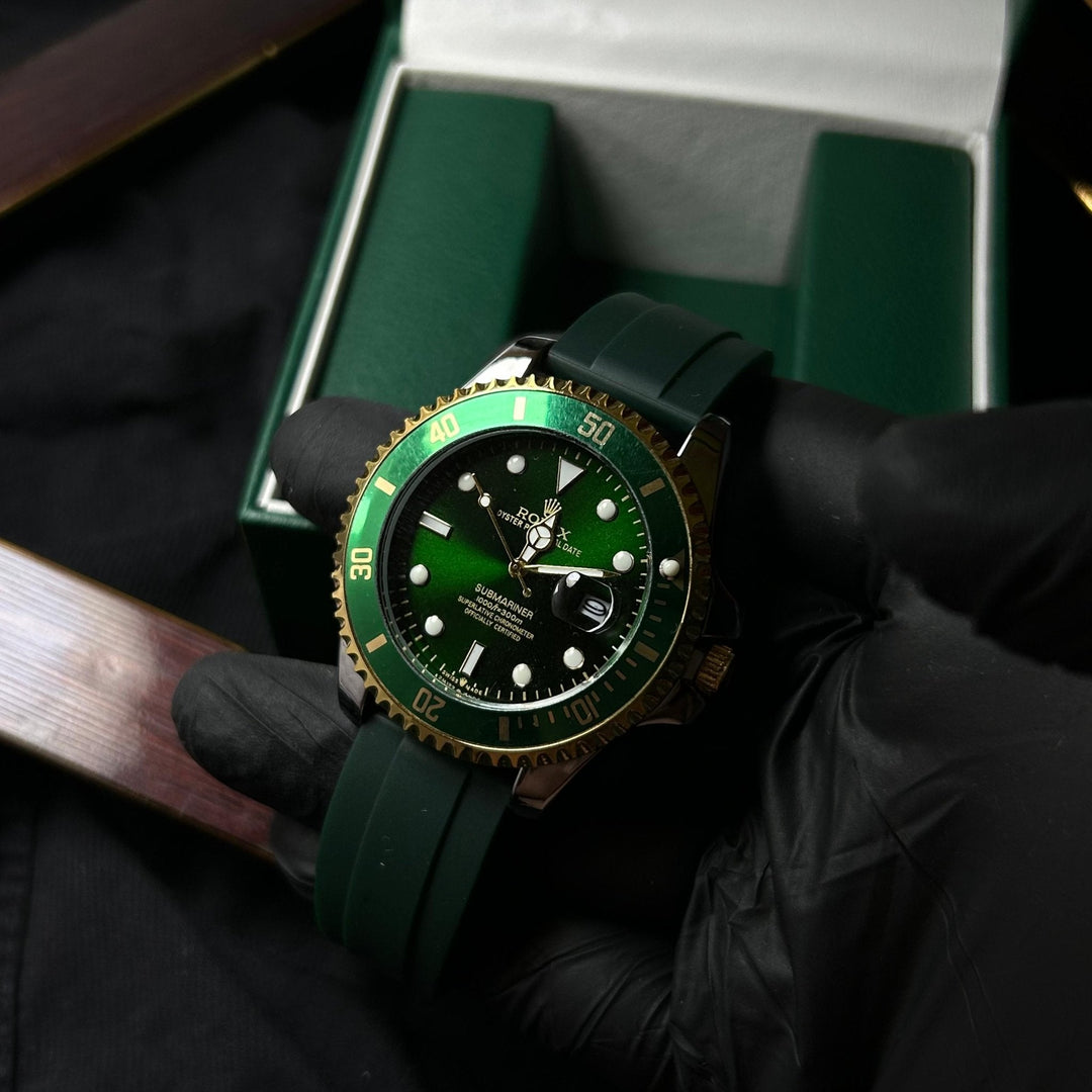 Rolex Submariner Rubber Strap For Him – Gold & Green Dial