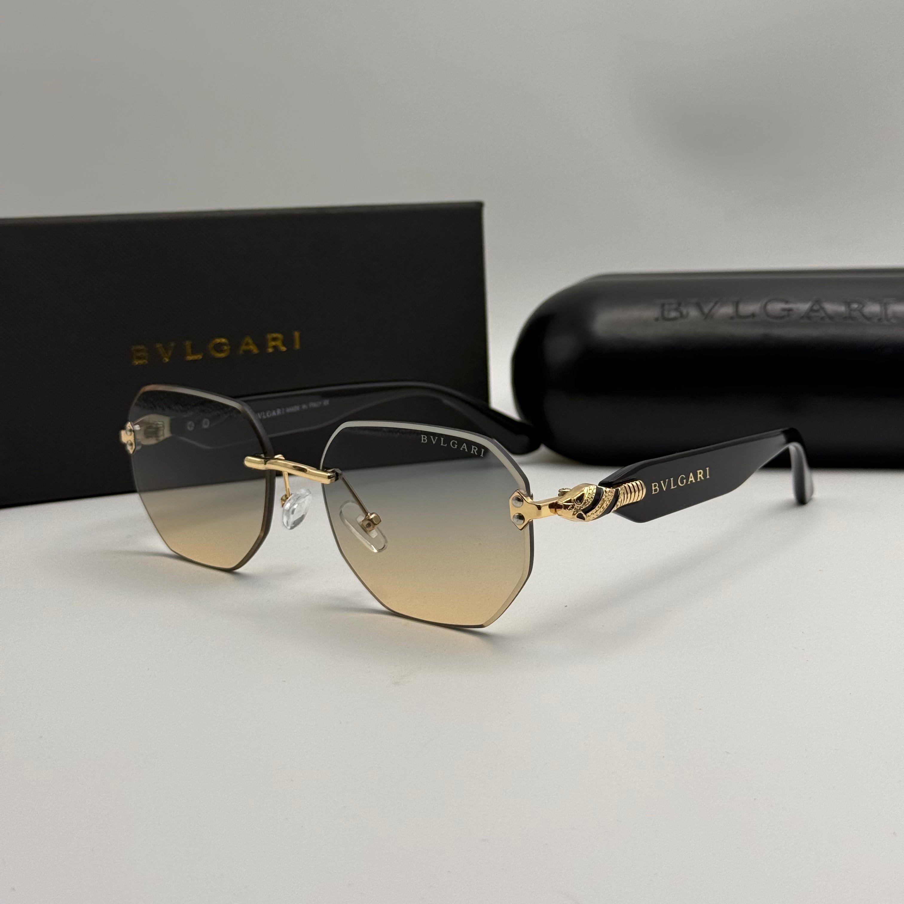 Bvlgari Rimless Geometric Sunglasses – Gold / Blue-Amber Gradient