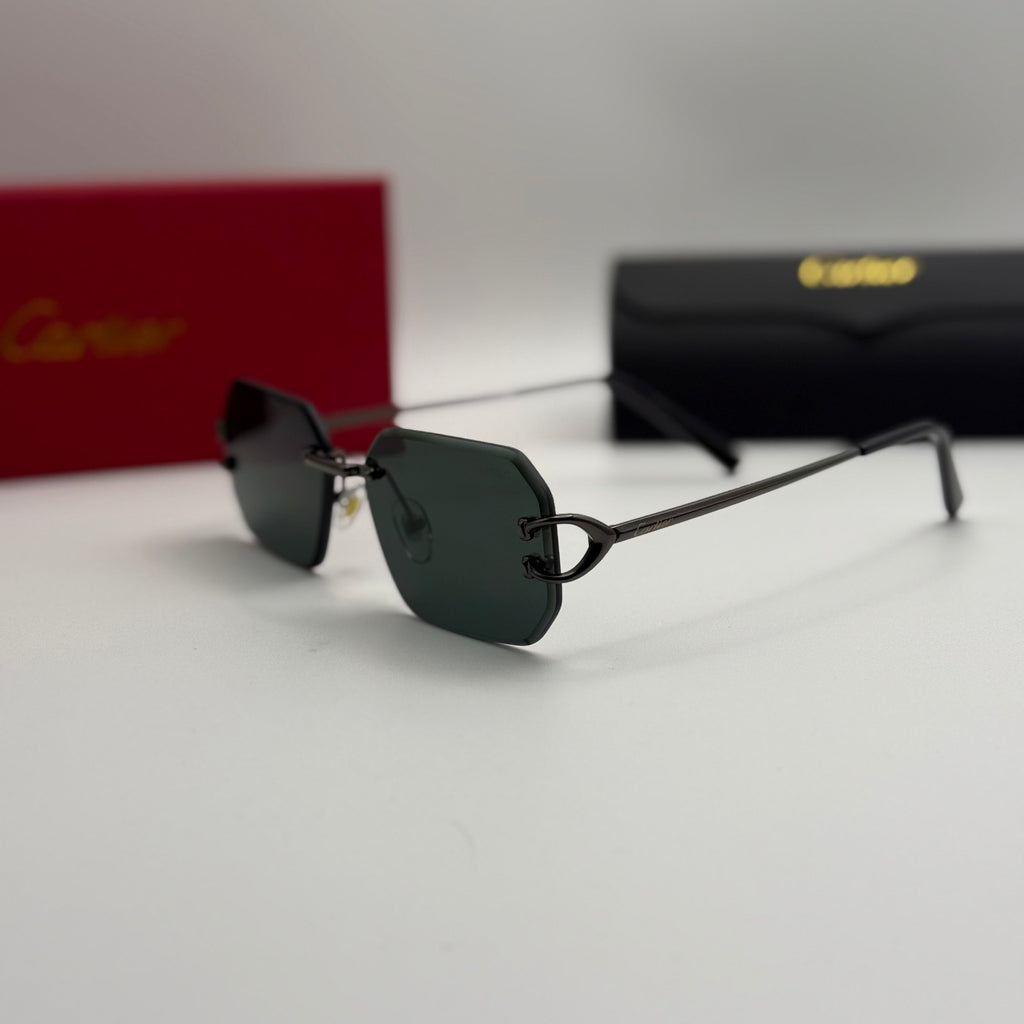 Cartier Rimless Rectangular Sunglasses – Gunmetal / Dark Green Lenses