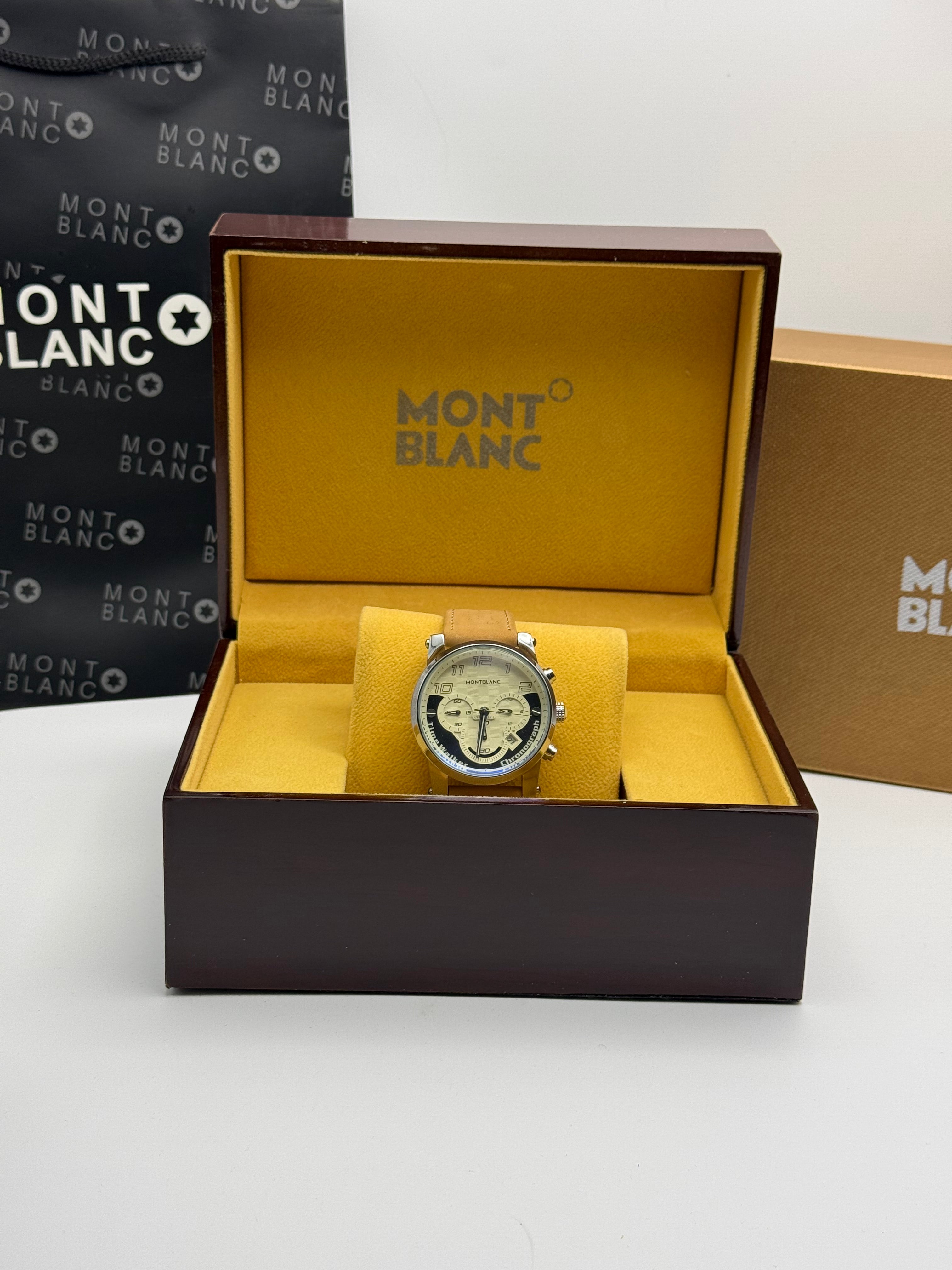 Montblanc TimeWalker Chronograph Watch — Tan Leather Strap